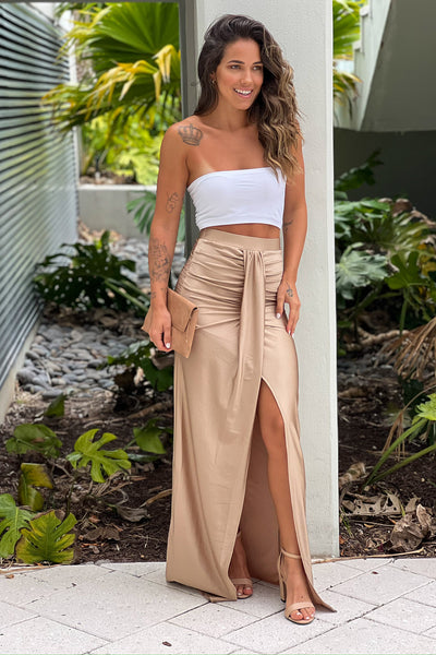 taupe ruched maxi skirt