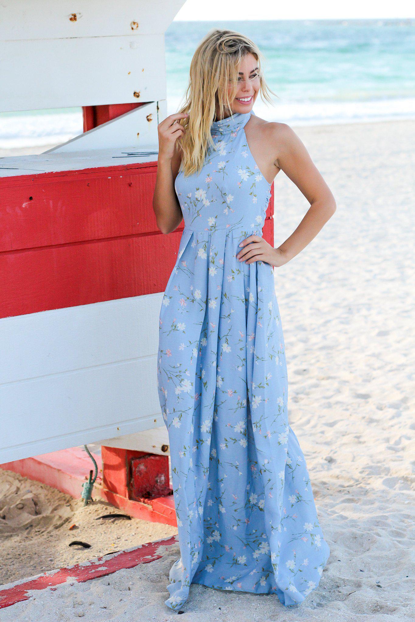 Baby Blue Floral Halter Neck Maxi Dress | Maxi Dresses Saved by the Dress Baby Blue Floral Halter Neck Maxi Dress | Maxi Dresses Saved by the Dress