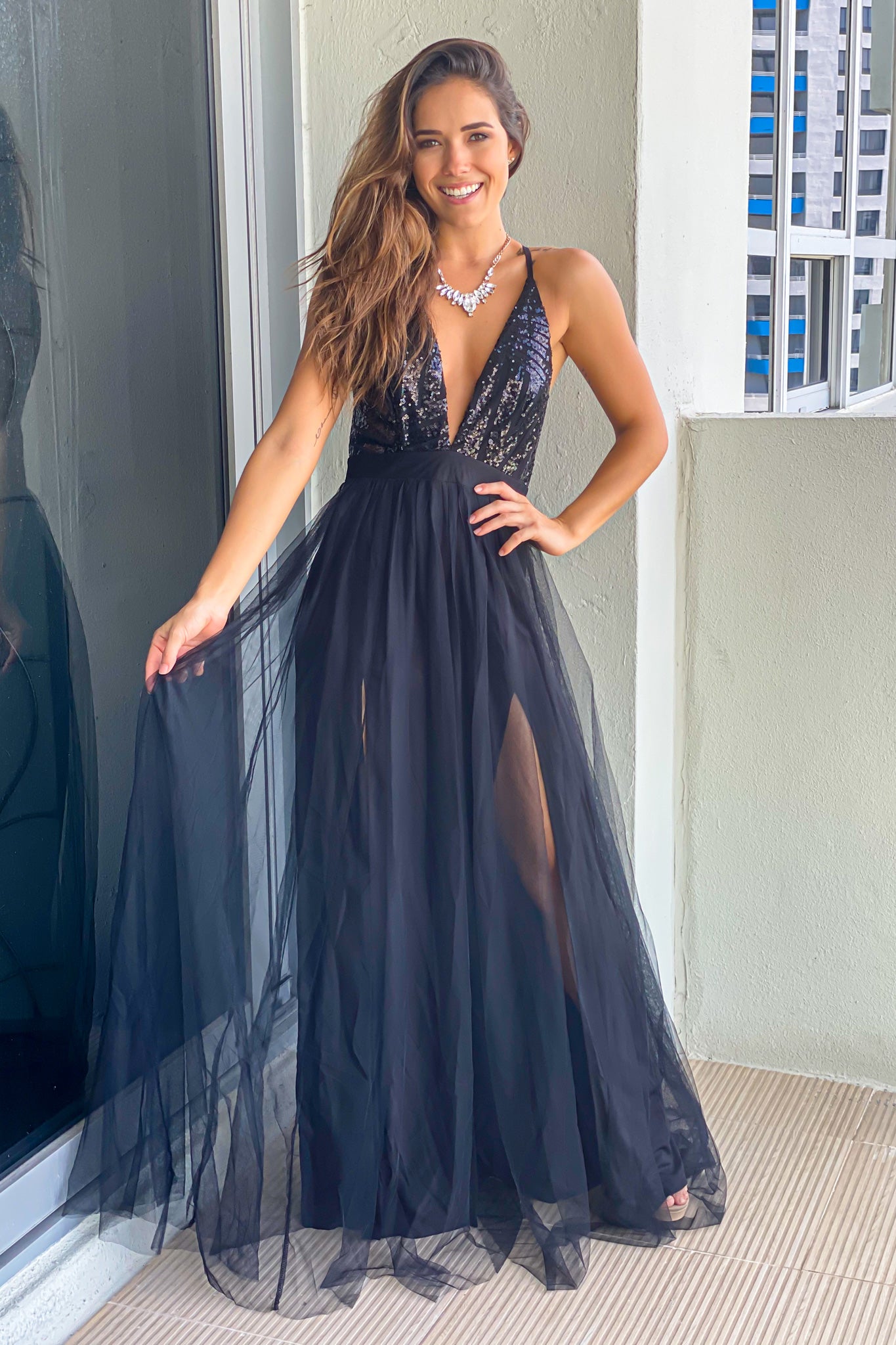 Black Tulle Maxi Dress with Sequin Top Black Tulle Maxi Dress with Sequin Top