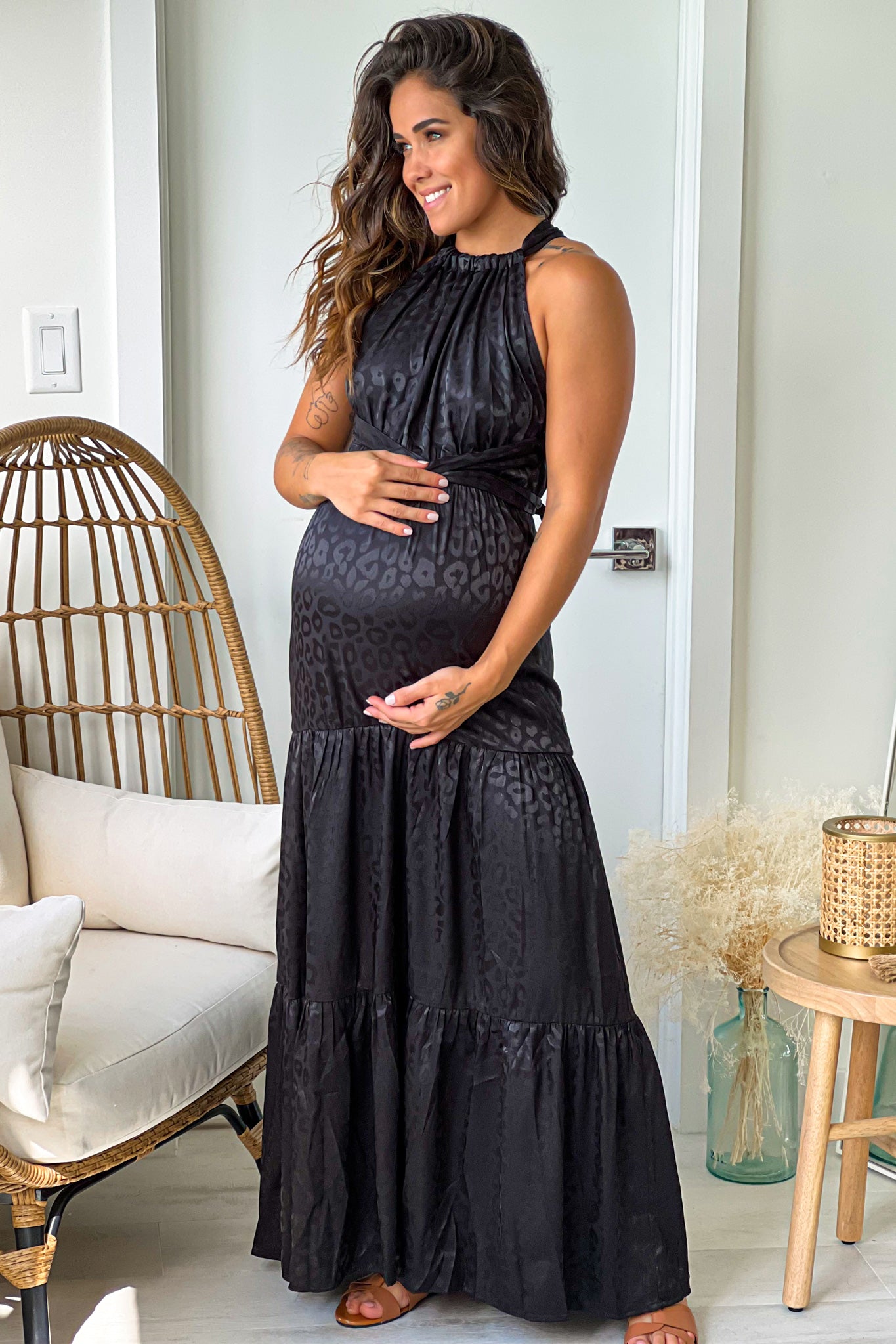 Black Animal Print Satin Maternity Maxi Dress