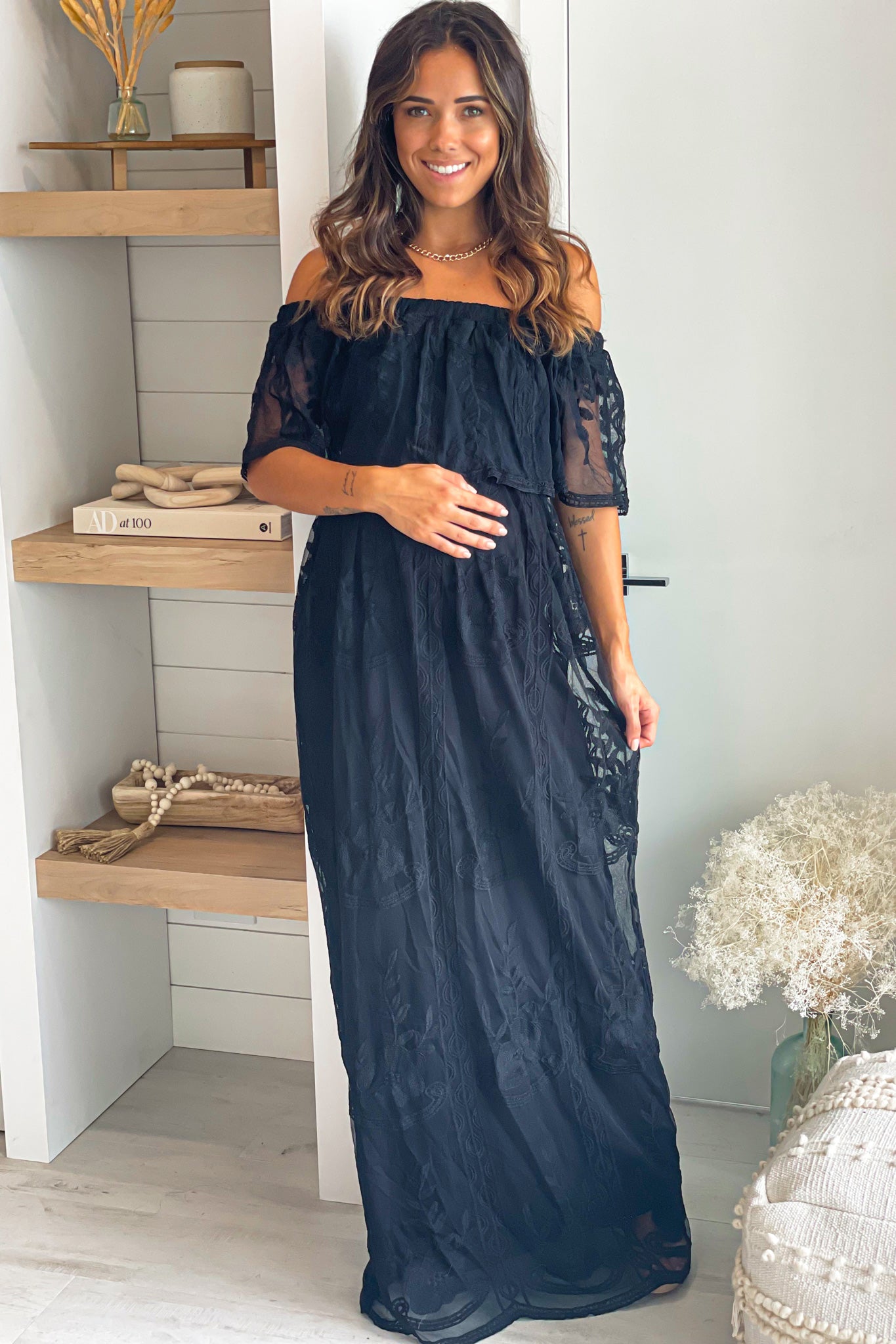 Black Lace Off Shoulder Maternity Maxi Dress