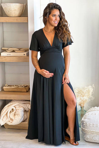 Black Maternity Maxi Dress with Slit and Short Sleeves
