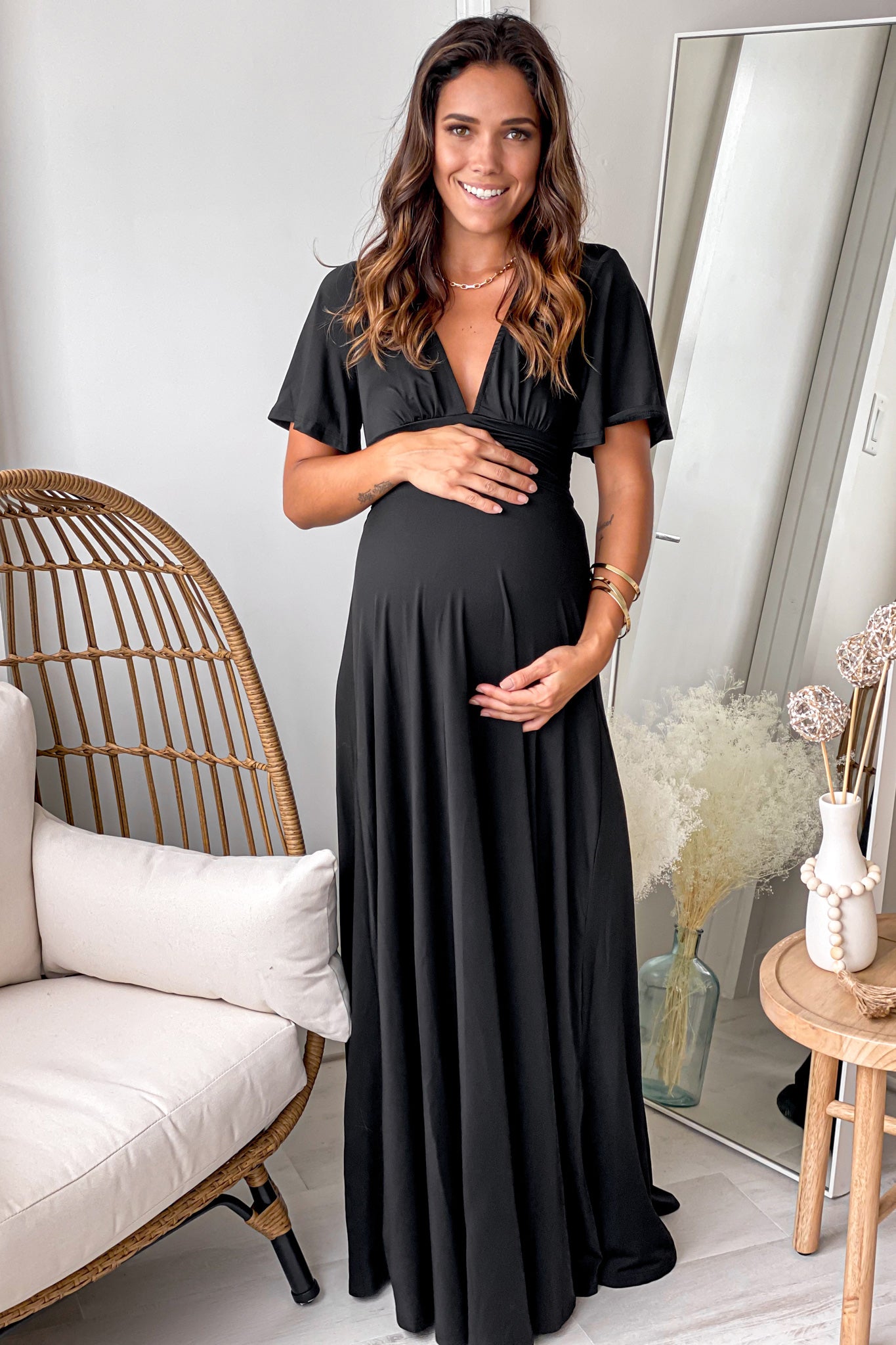 Black V-Neck Maternity Maxi Dress