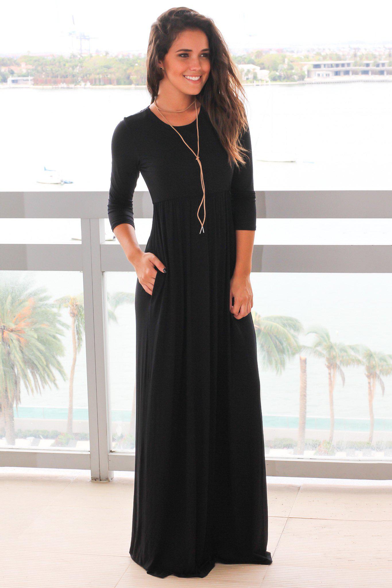 Black Maxi Dress With 34 Sleeves And Pockets Maxi Dresses Saved By The Dress