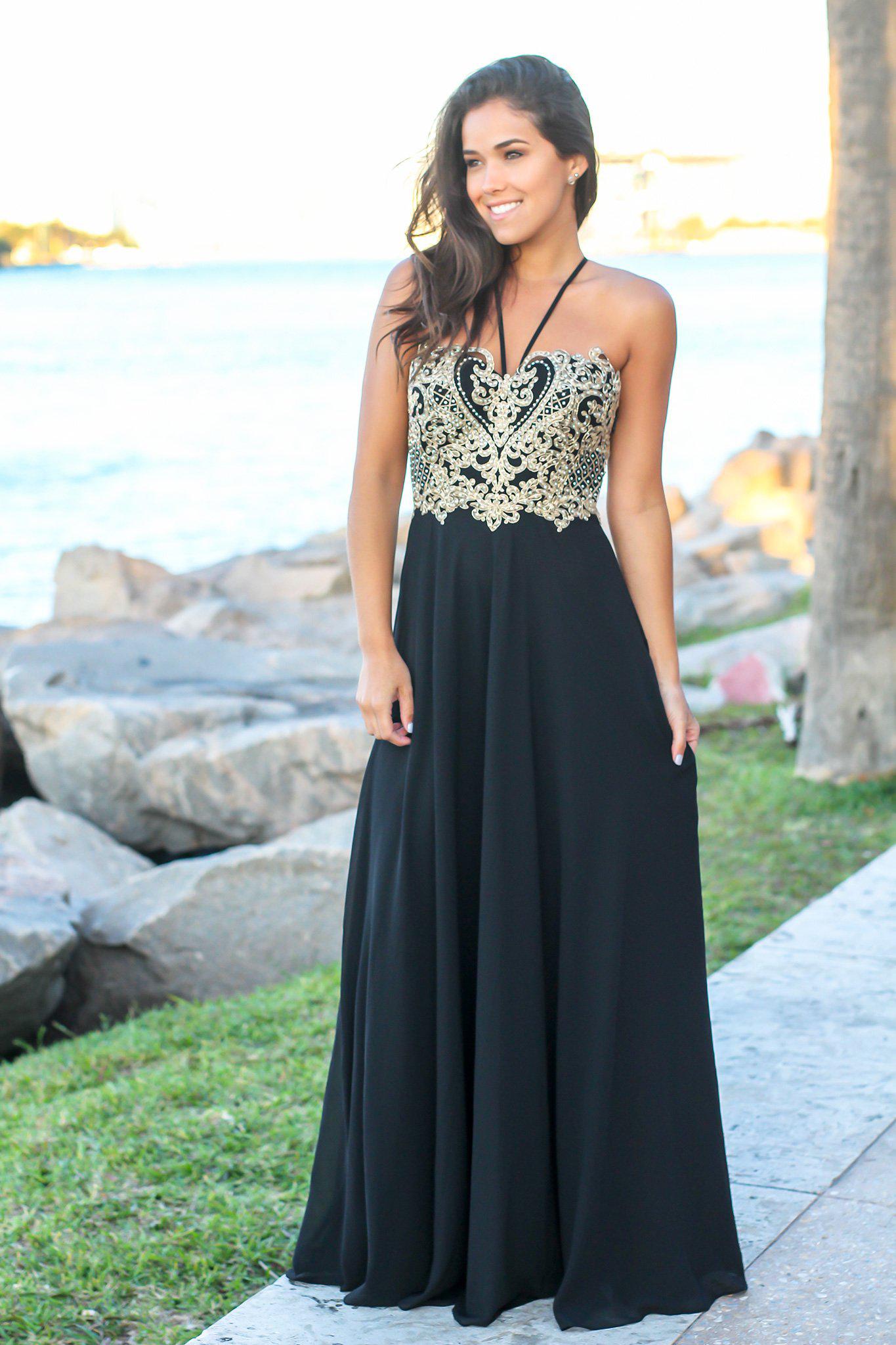 Black and Gold Maxi Dress with Embroidered Top