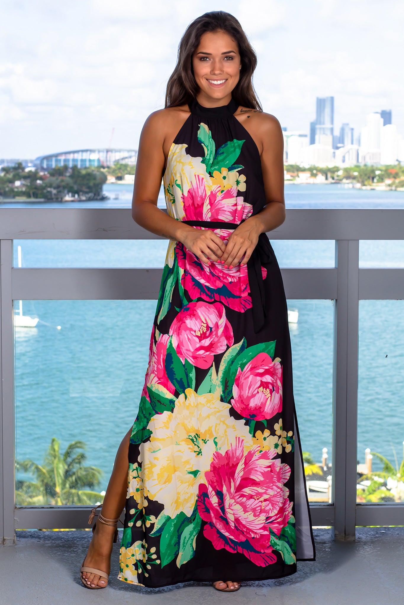 Black Floral Halter Maxi Dress