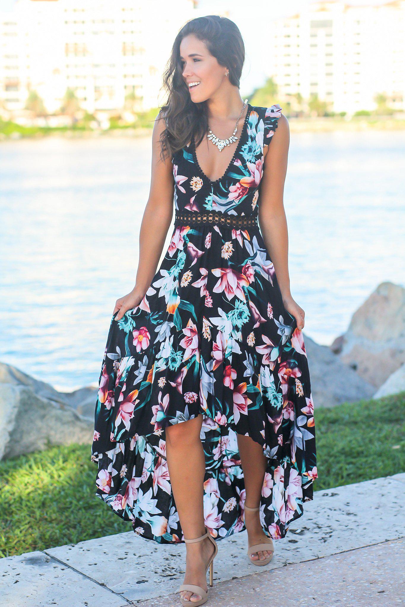 Black Floral High Low Dress with Crochet Open Back Detail Cute Dresses Saved by the Dress