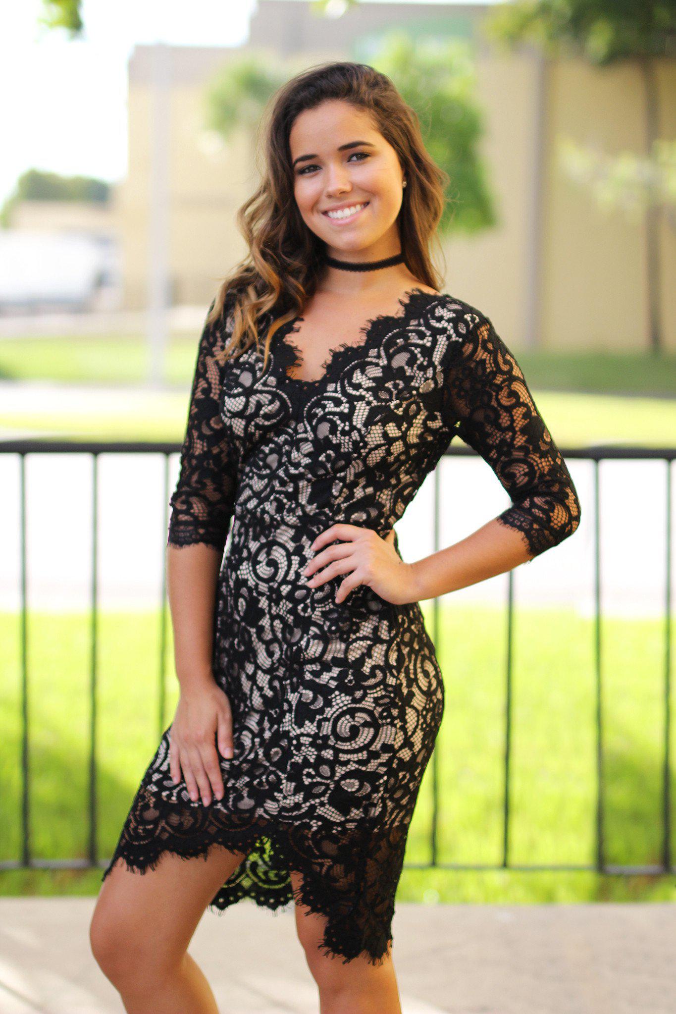 black dress with lace middle Clarissa | Black Lace Short-Sleeve Midi Dress main image 0