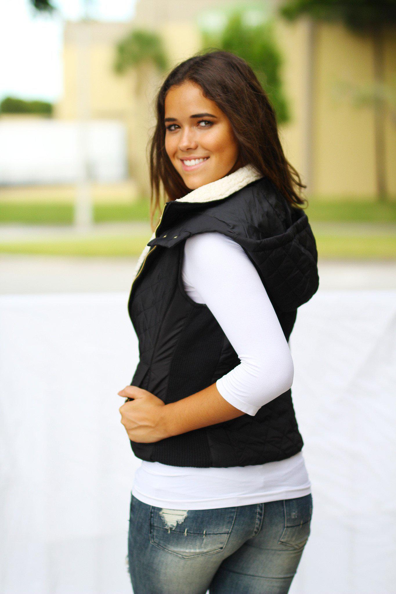 Black Quilted Vest with Hood