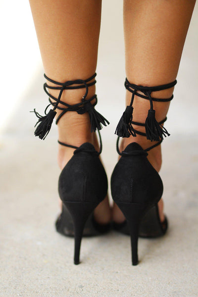 Black Strappy Heels with Tassels