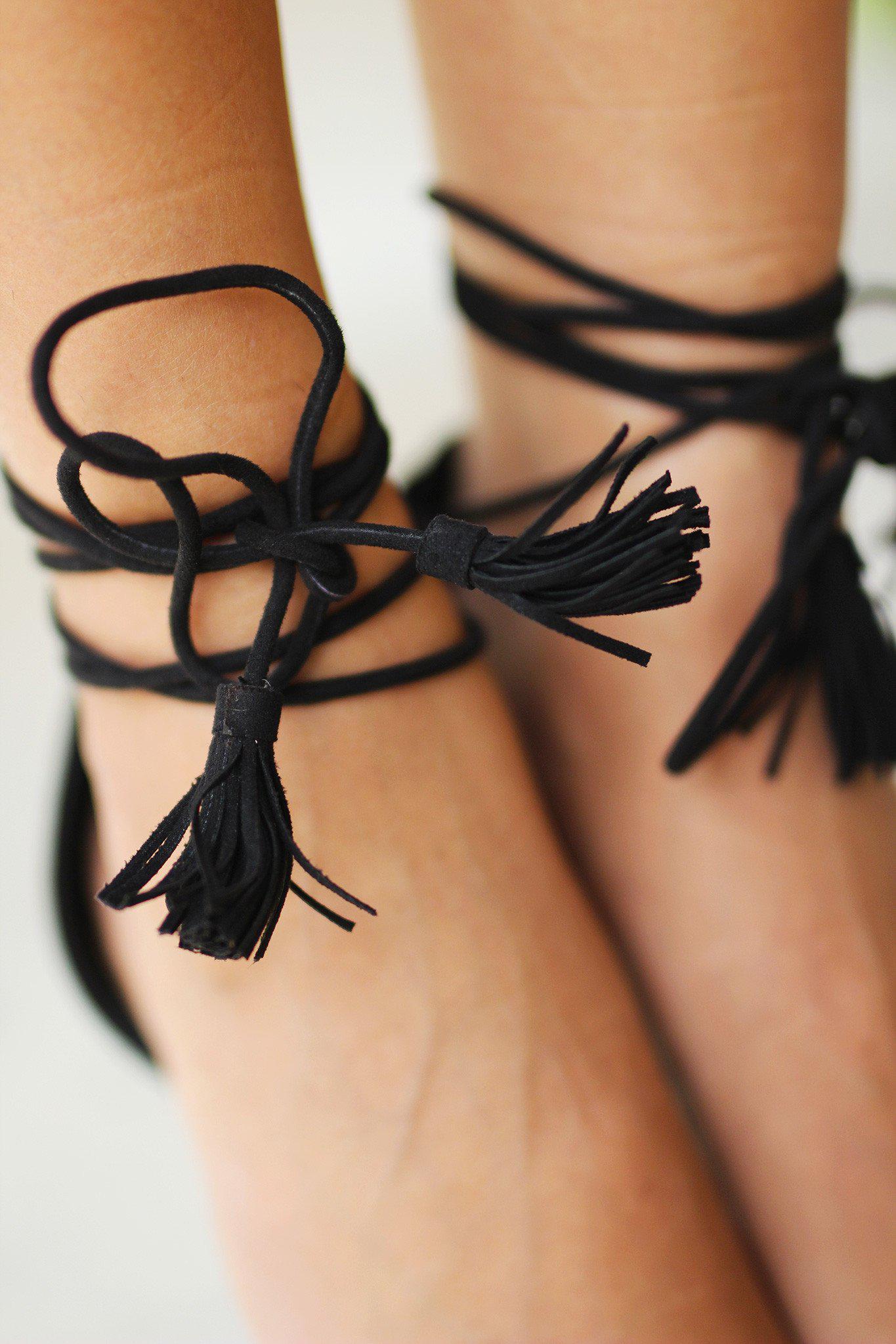 Black Strappy Heels with Tassels