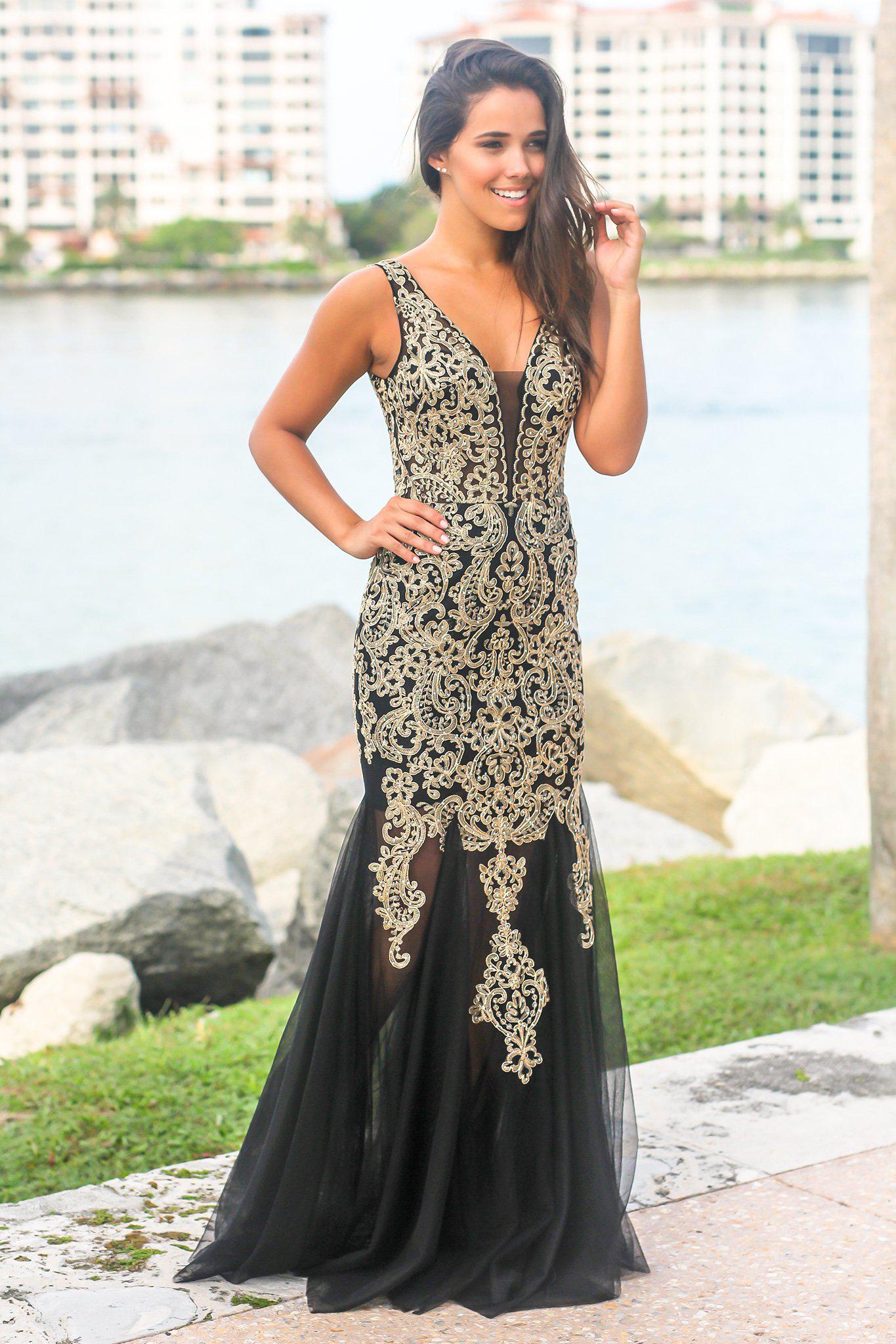 black dress with golden lace Stone Metallic Embroidery Gown – Tadashi Shoji Official Online Boutique