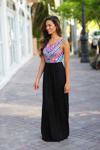 Black Maxi Dress with Printed Top
