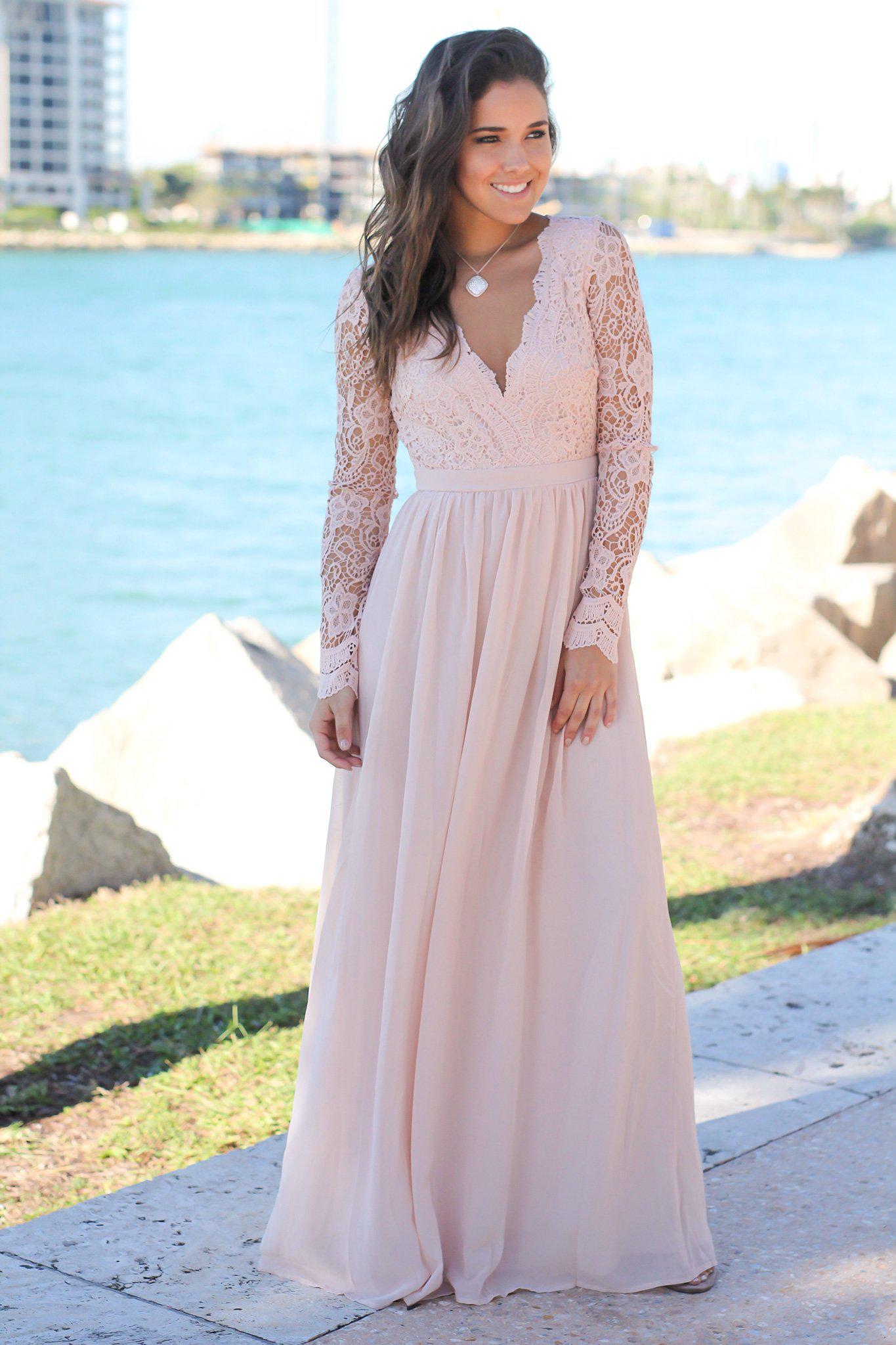 Blush Crochet Maxi Dress with Open Back and Long Sleeves | Bridesmaid Dresses Saved by the Dress Blush Crochet Maxi Dress with Open Back and Long Sleeves | Bridesmaid Dresses Saved by the Dress