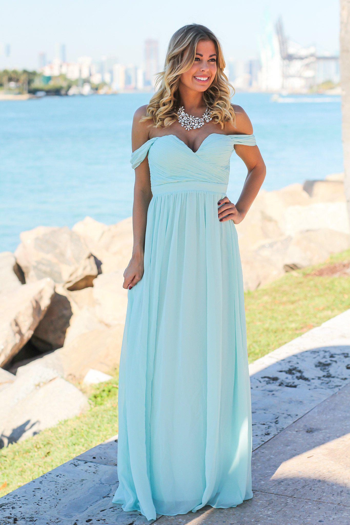 Mint Off Shoulder Maxi Dress with Pleated Top | Maxi Dresses Saved by the Dress Mint Off Shoulder Maxi Dress with Pleated Top | Maxi Dresses Saved by the Dress