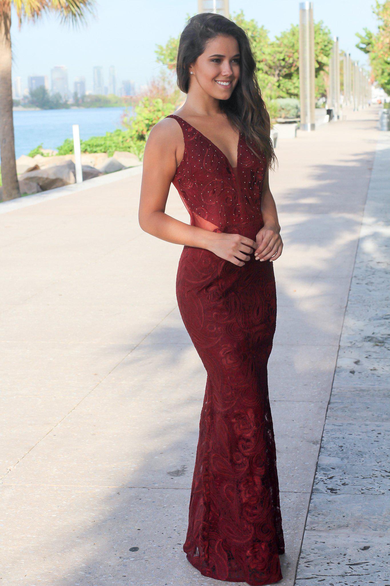 Burgundy Lace Maxi Dress with Mesh Back | Formal Dresses Saved by the Dress Burgundy Lace Maxi Dress with Mesh Back | Formal Dresses Saved by the Dress