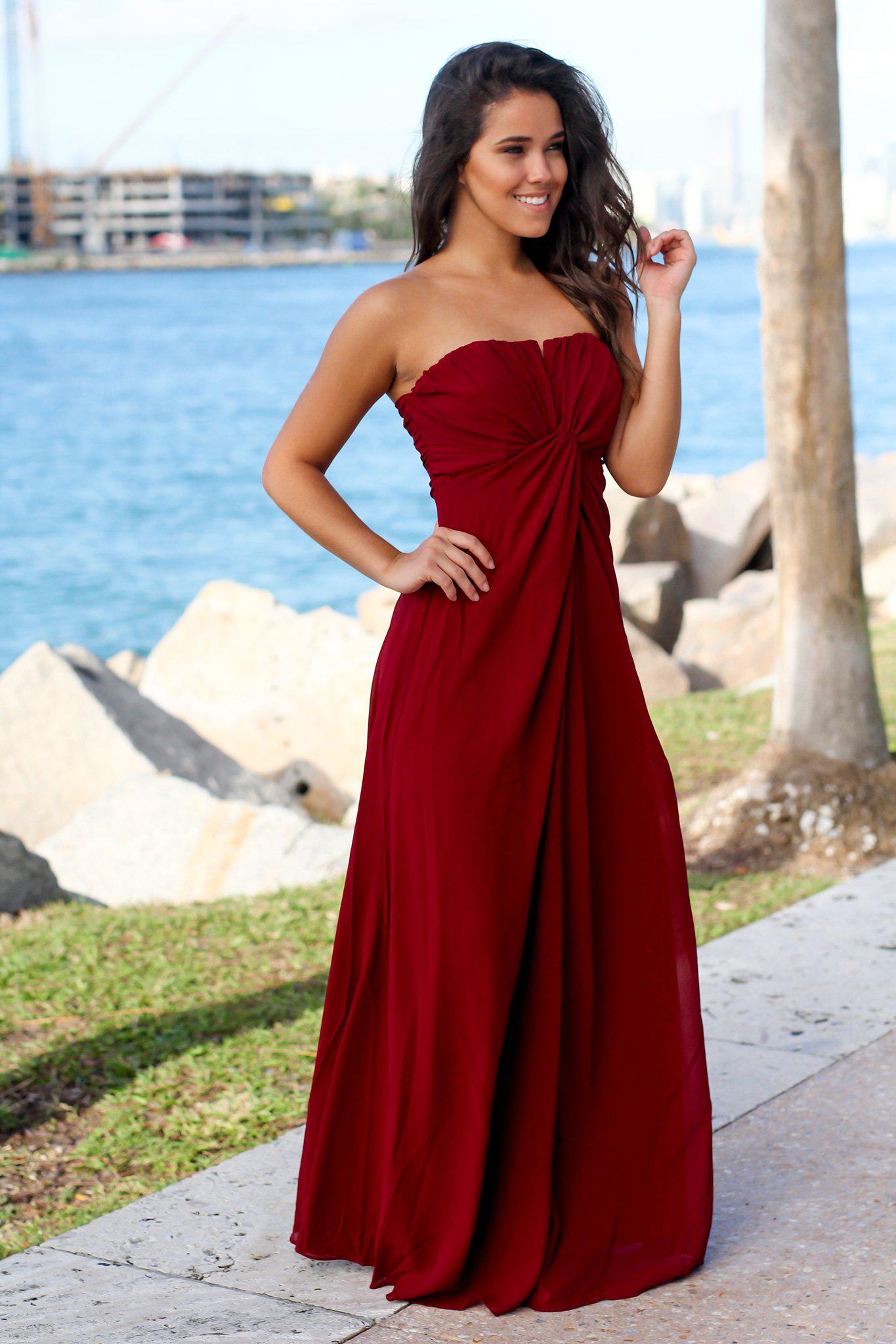 Burgundy Strapless Maxi Dress with Knot Maxi Dresses Saved by the Dress