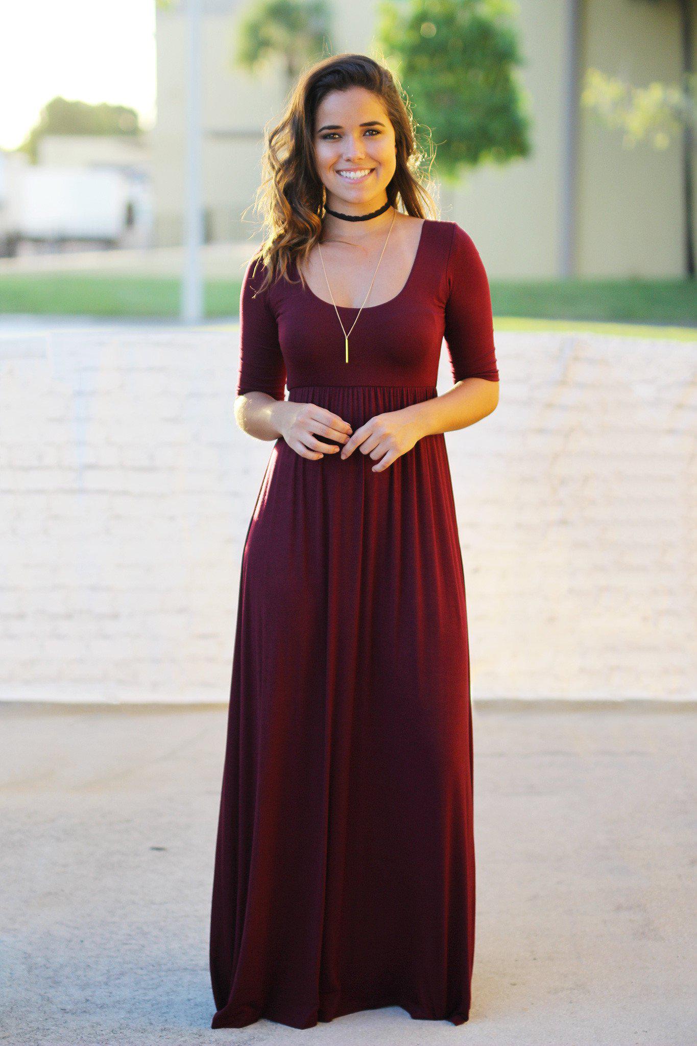 Burgundy Maxi Dress with Mid-Sleeves | Burgundy Maxi Dress | Dress Saved by the Dress Burgundy Maxi Dress with Mid-Sleeves | Burgundy Maxi Dress | Dress Saved by the Dress