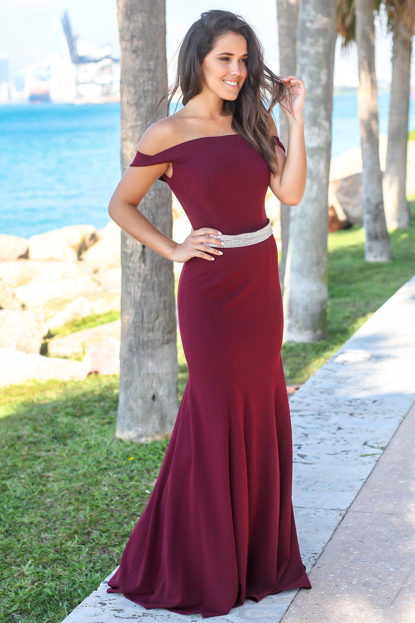 Burgundy and Beige  Off Shoulder Maxi Dress with Lace Top