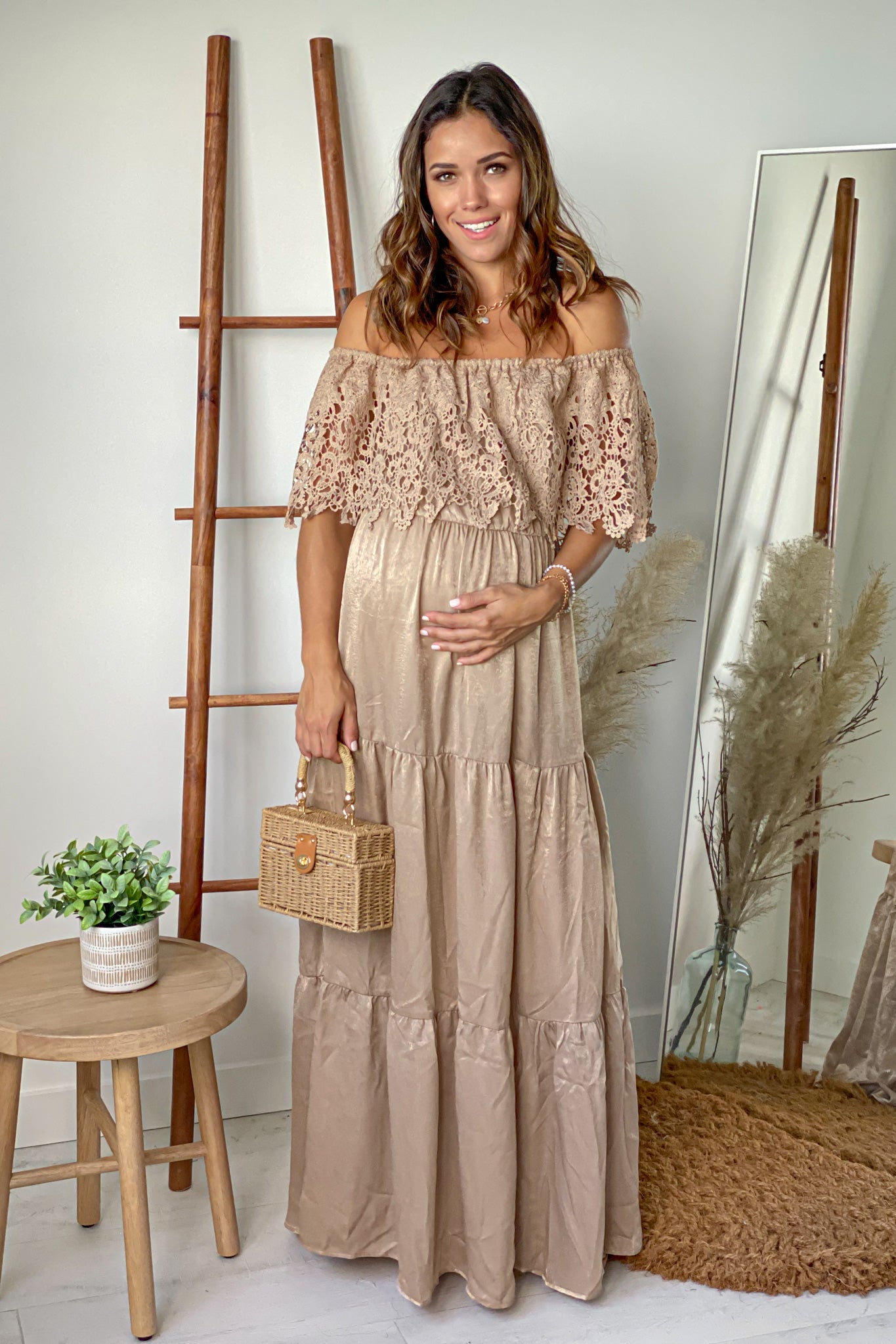 Lace Off Shoulder Maternity Maxi Dress