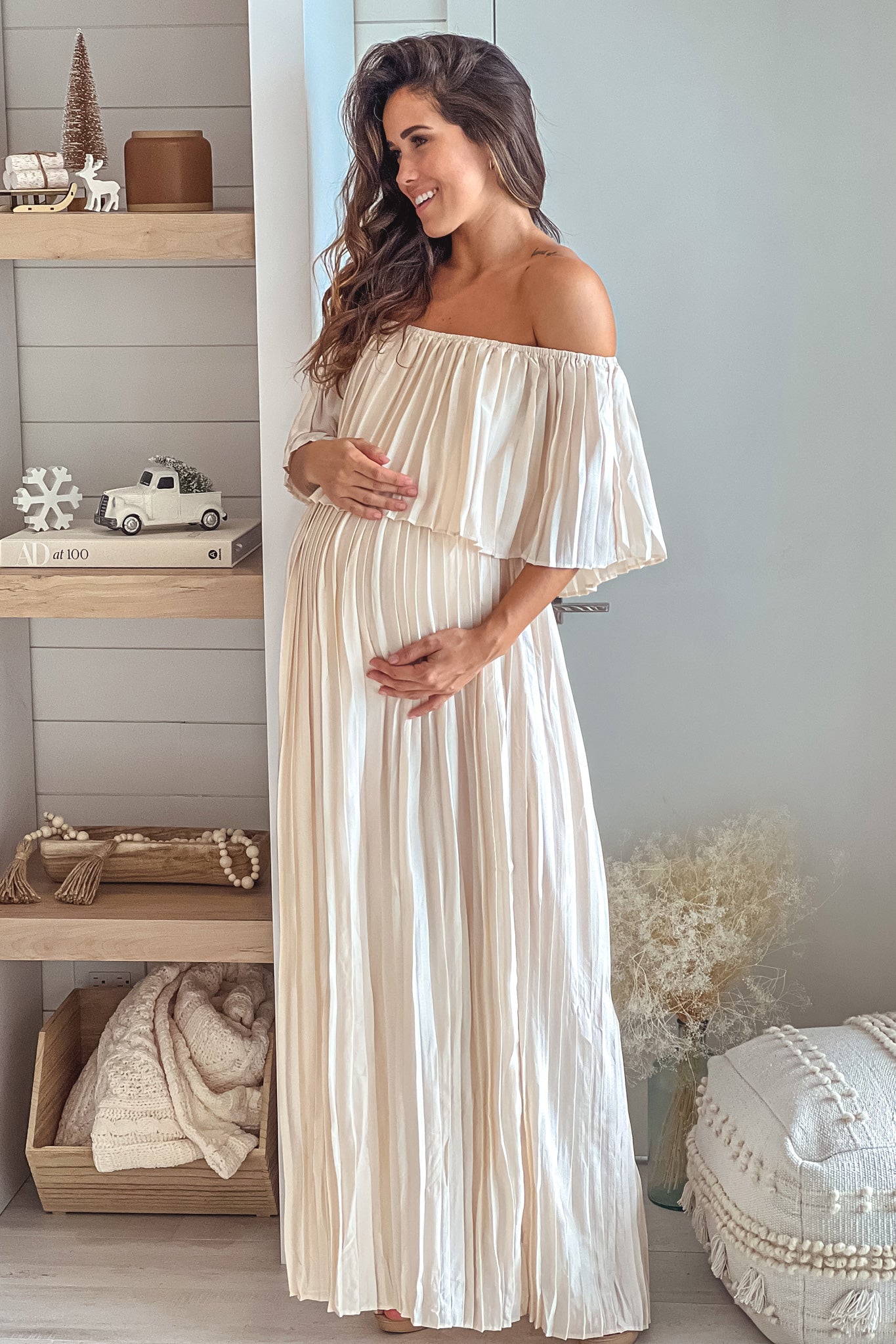 Champagne Pleated Satin Maternity Maxi Dress | Saved By The Dress Saved by the Dress Champagne Pleated Satin Maternity Maxi Dress | Saved By The Dress Saved by the Dress