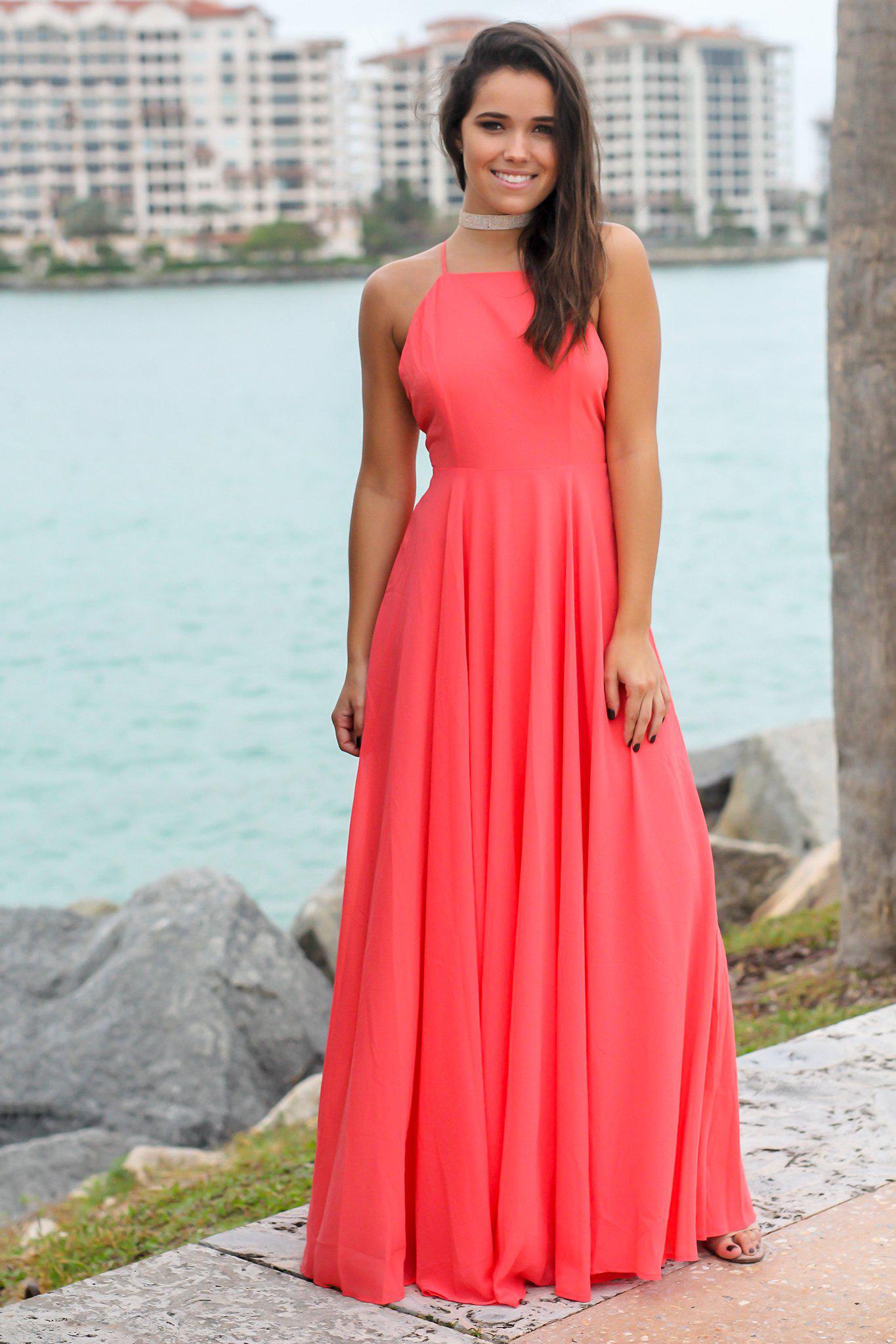 Coral Dress with Criss Cross Back | Maxi Dresses Saved by the Dress Coral Dress with Criss Cross Back | Maxi Dresses Saved by the Dress