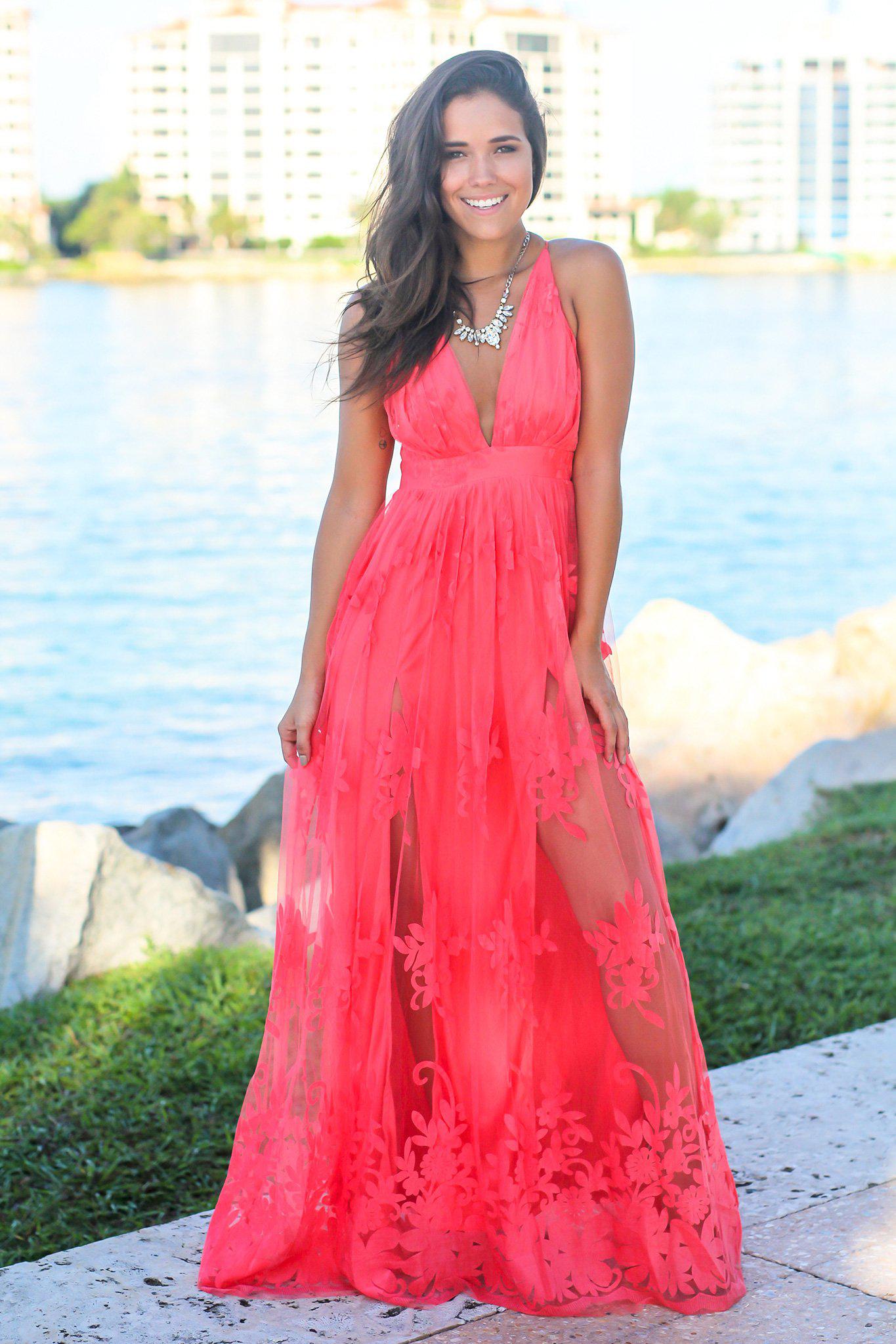 Coral Floral Tulle Maxi Dress with Criss Cross Back Maxi Dresses
