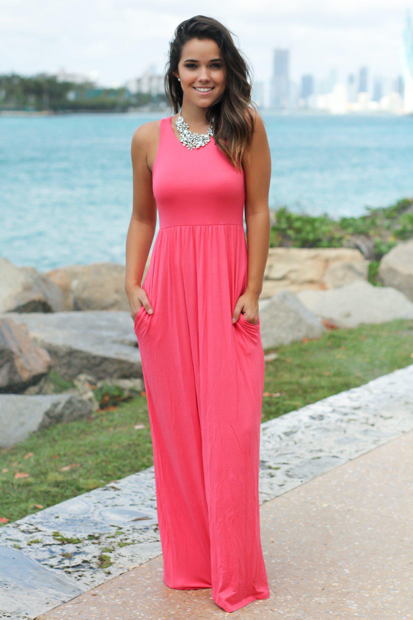 Coral Maxi Dress With Pockets Maxi Dresses Saved By The Dress 9663