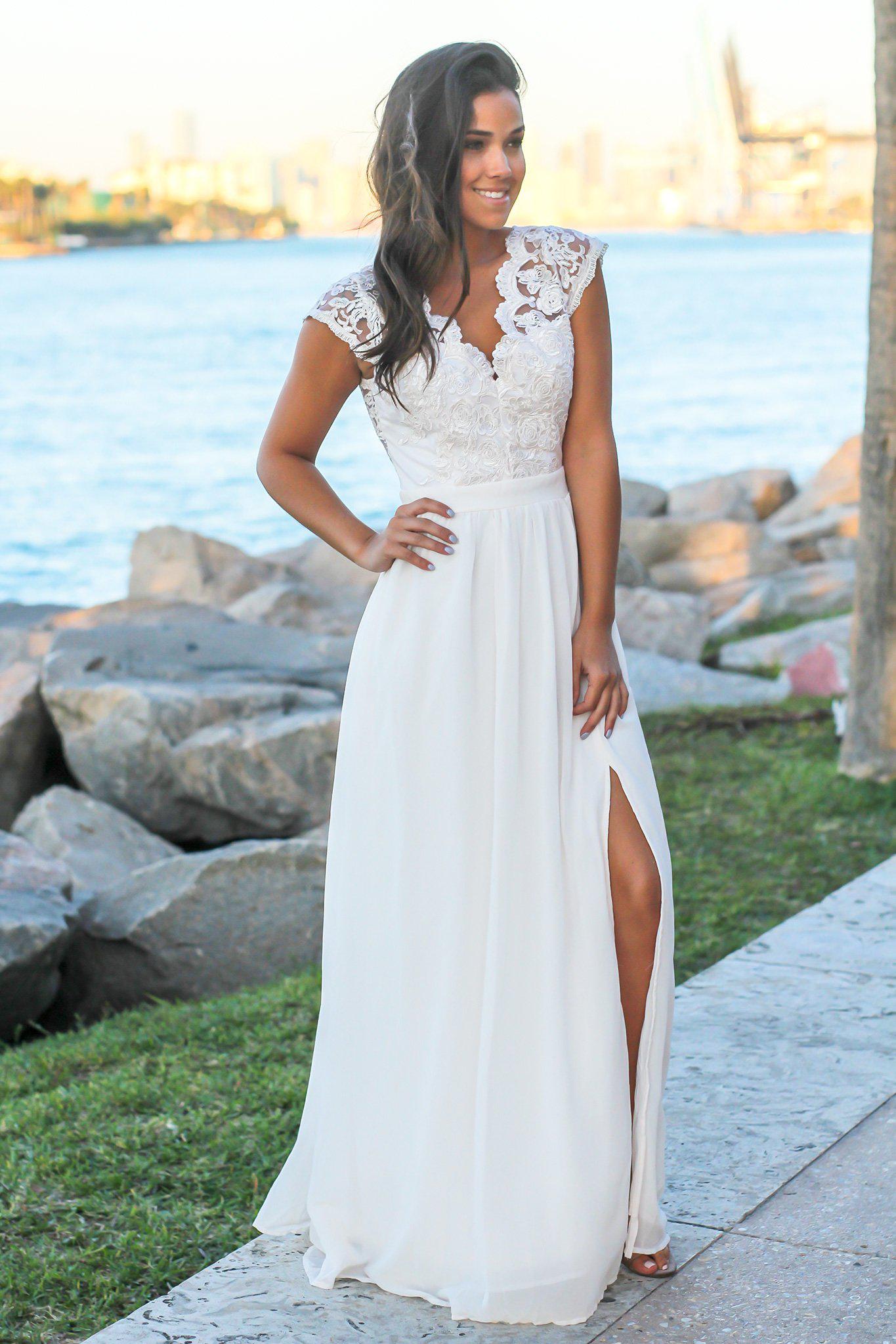 Cream Lace Top Maxi Dress with Open Back and Side Slit | Maxi Dresses Saved by the Dress Cream Lace Top Maxi Dress with Open Back and Side Slit | Maxi Dresses Saved by the Dress