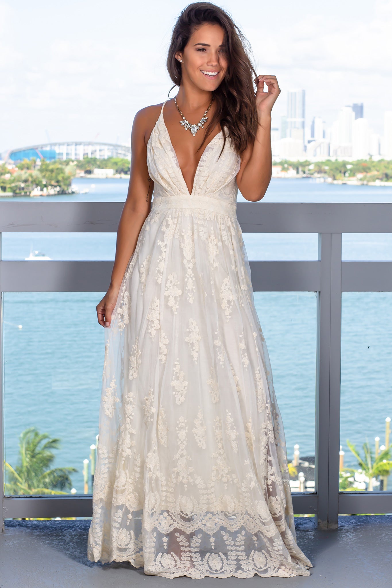 green emerald velvet dress Cream Embroidered Maxi Dress with Criss Cross Back