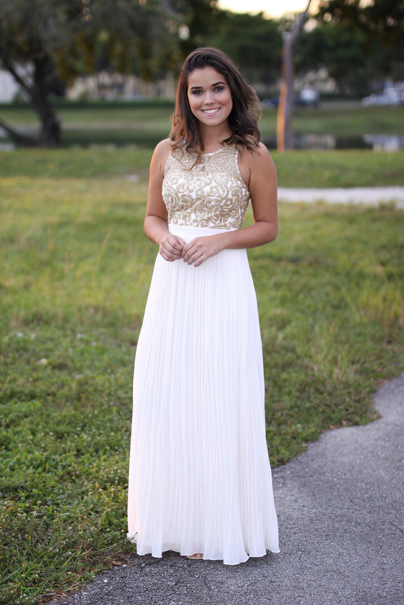 Cream and Gold Pleated Maxi Dress | Cream and Gold Bridesmaid Dress Saved by the Dress Cream and Gold Pleated Maxi Dress | Cream and Gold Bridesmaid Dress Saved by the Dress