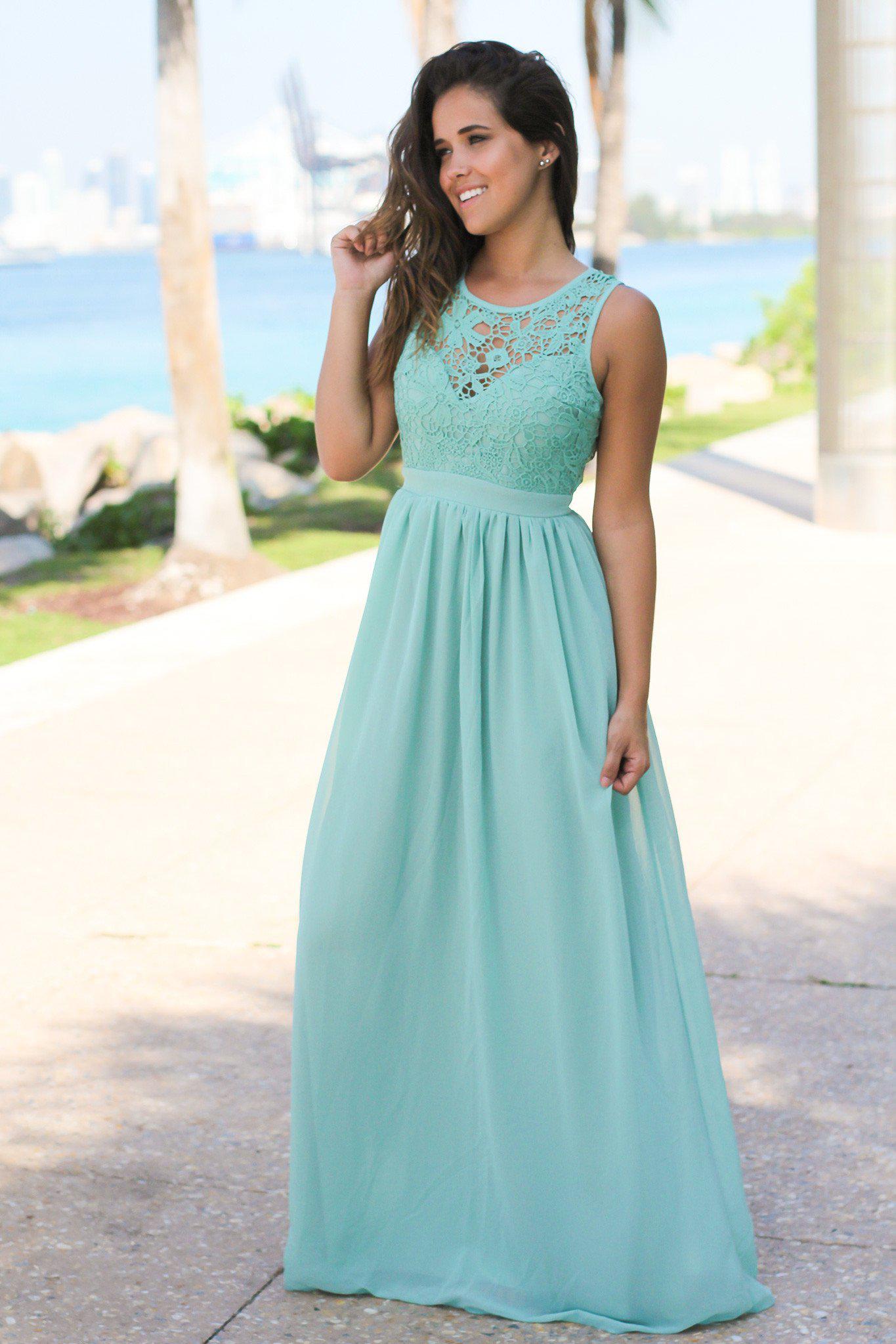 Dusty Mint Crochet Maxi Dress with Open Back | Bridesmaid Dresses Saved by the Dress Dusty Mint Crochet Maxi Dress with Open Back | Bridesmaid Dresses Saved by the Dress