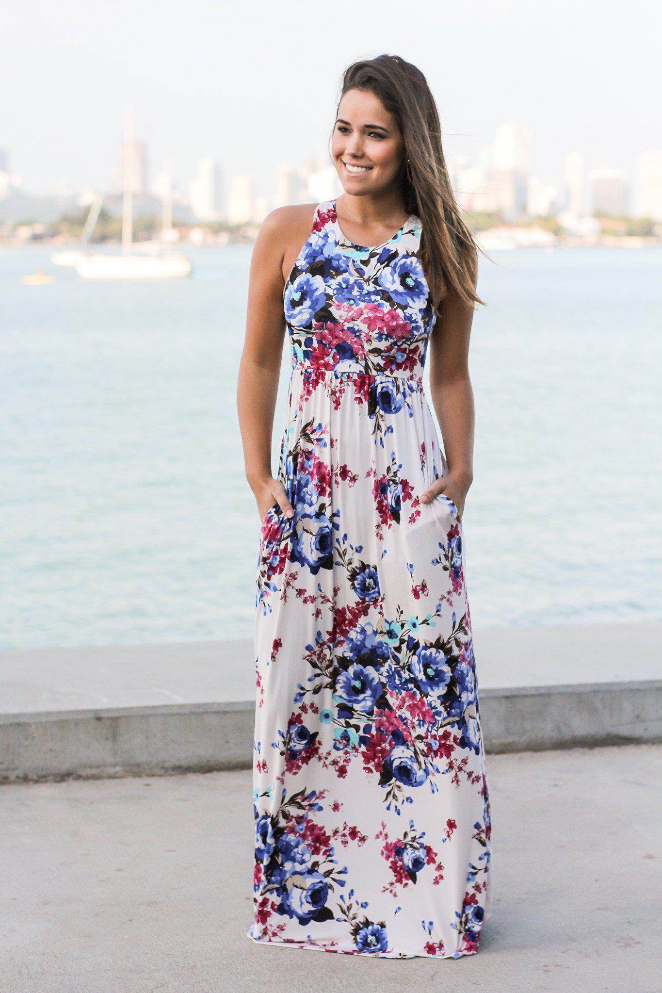 where to find maxi dresses Ivory Floral Racerback Maxi Dress