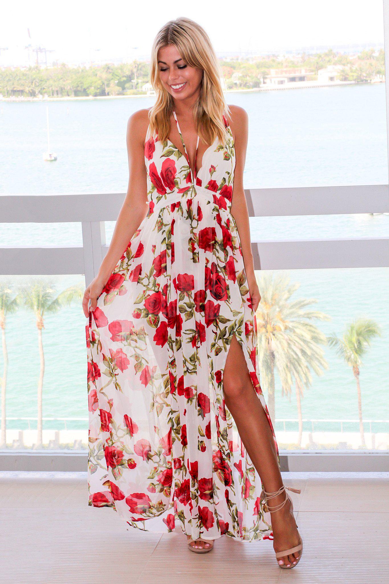 White and Red Floral Dress Criss Cross Back Maxi Dresses – Saved by the Dress