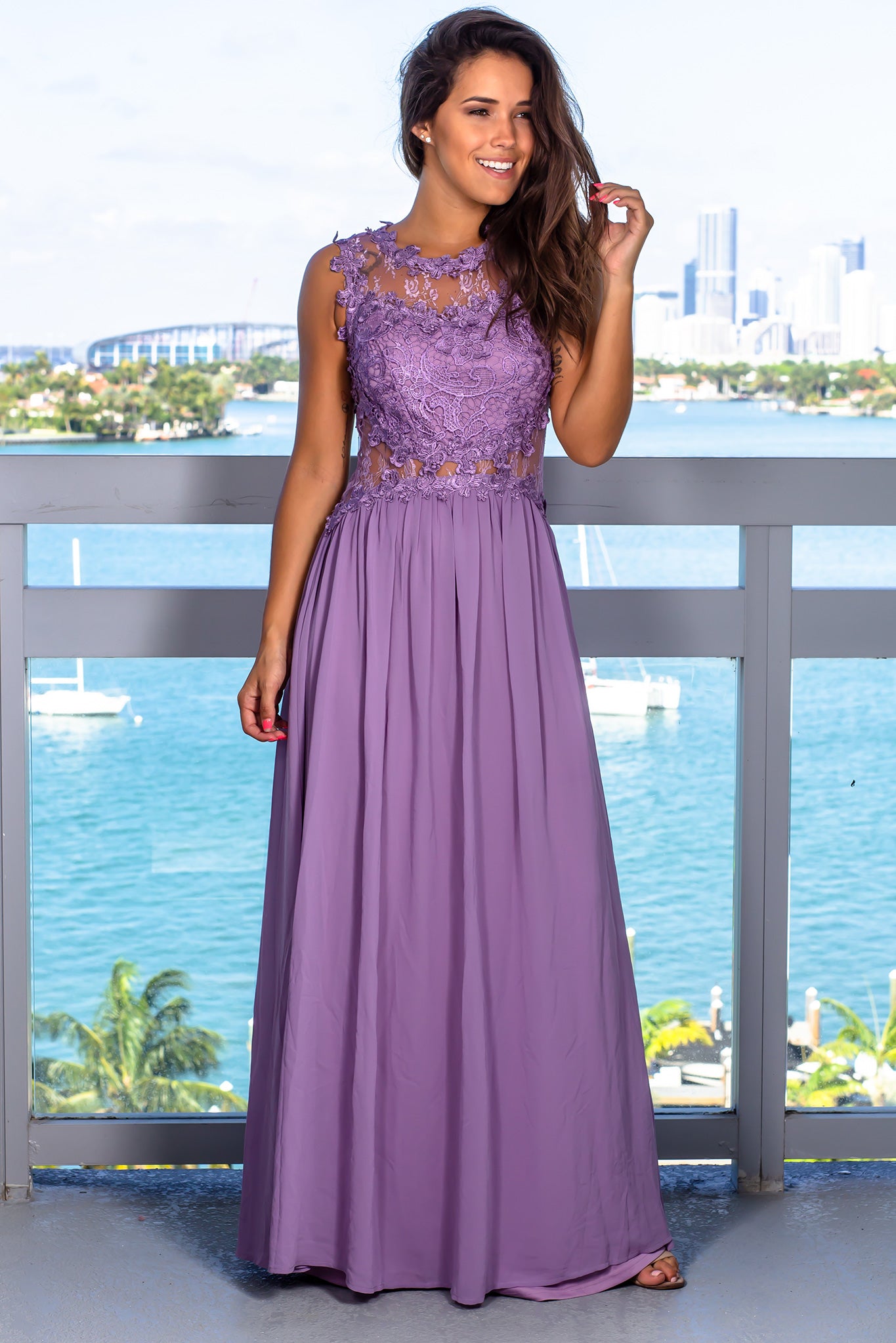 fitted lace wedding dress Dusty Lilac Lace Top Maxi Dress