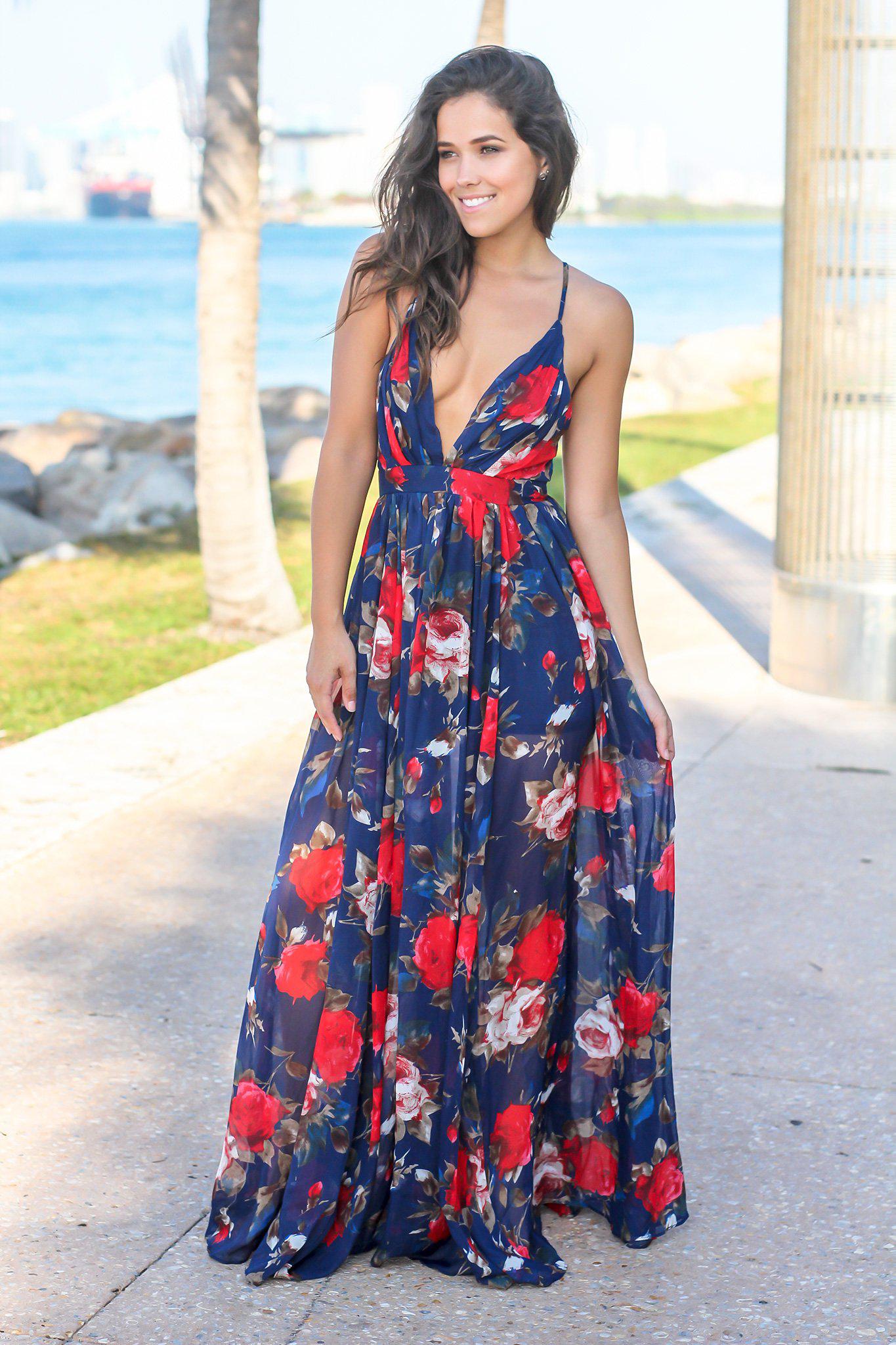 Navy and Red Floral Maxi Dress with Criss Cross Back | Maxi Dresses Saved by the Dress Navy and Red Floral Maxi Dress with Criss Cross Back | Maxi Dresses Saved by the Dress