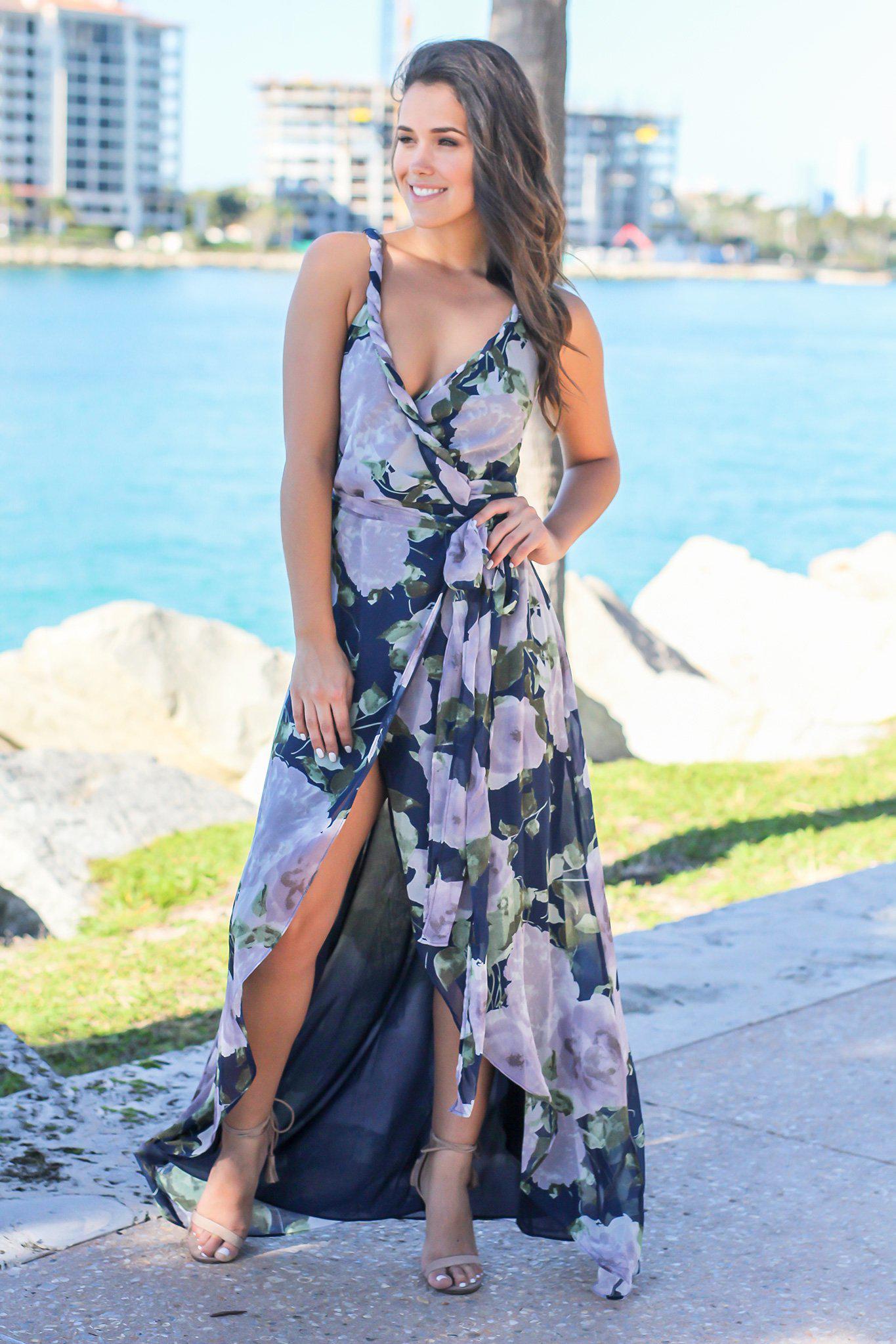 Navy and Purple Floral Wrap Dress