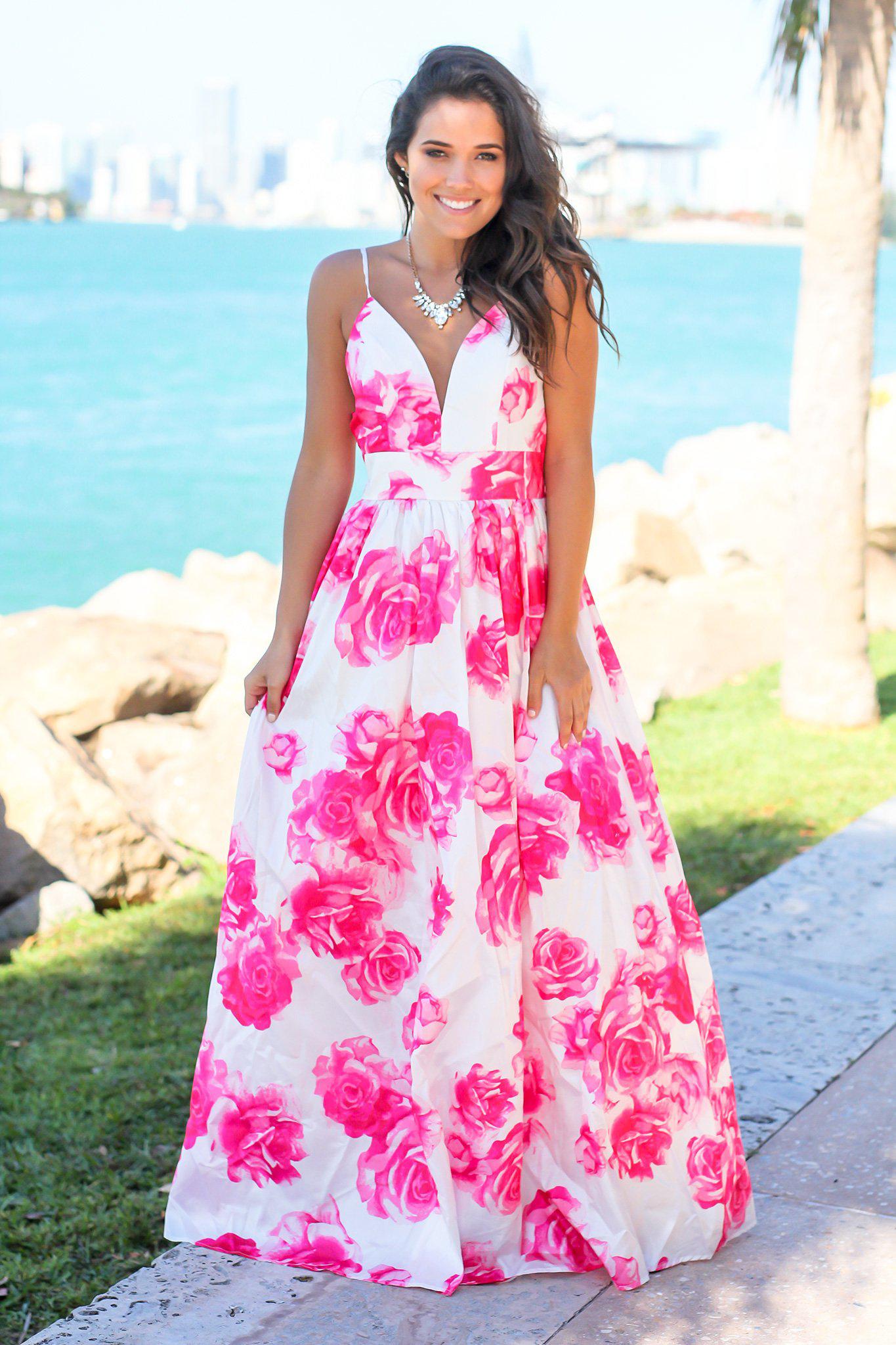 brock collection quarrie tiered floral maxi dress Ivory and Fuchsia Floral Maxi Dress with Criss Cross Back