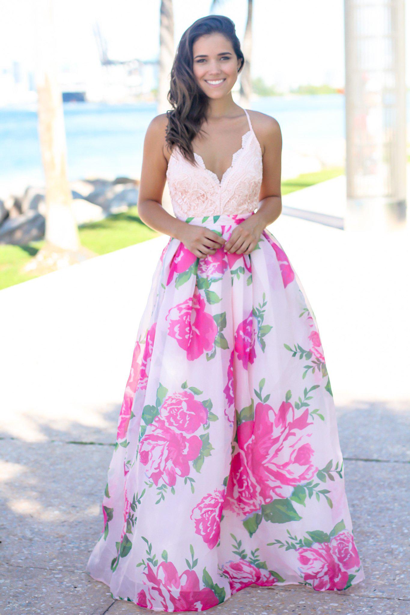 Pink Maxi Dress with Rose Printed Skirt | Maxi Dresses – Saved by the Dress