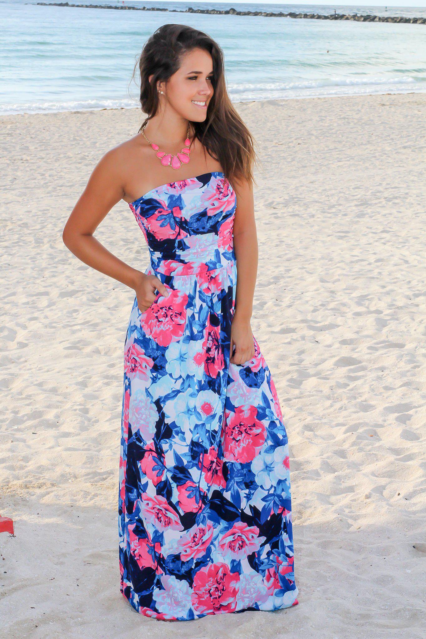 Blue and Hot Pink Floral Strapless Maxi Dress | Maxi Dresses Saved by the Dress Blue and Hot Pink Floral Strapless Maxi Dress | Maxi Dresses Saved by the Dress