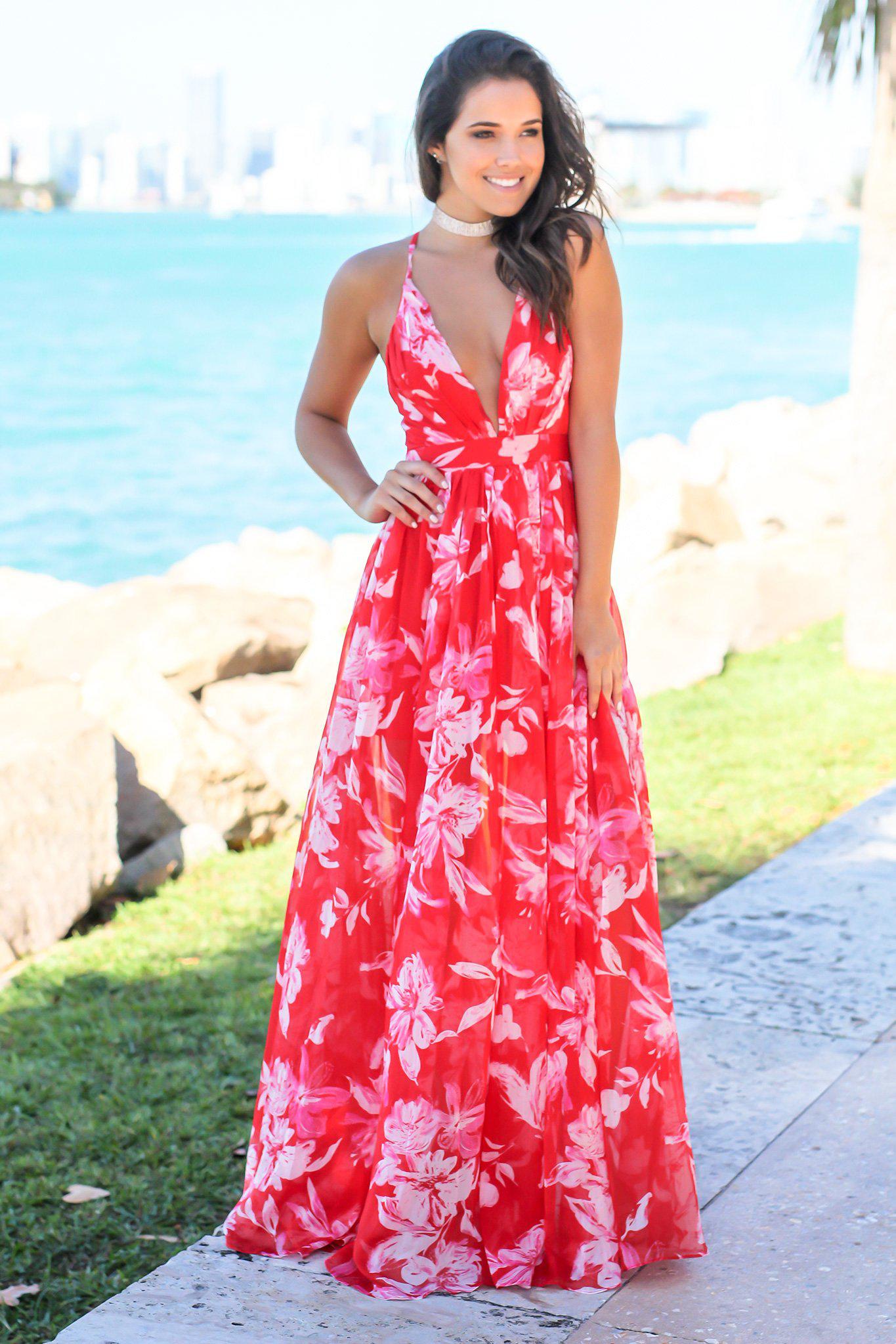 Red and White Floral Maxi Dress with Criss Cross Back | Maxi Dresses Saved by the Dress Red and White Floral Maxi Dress with Criss Cross Back | Maxi Dresses Saved by the Dress