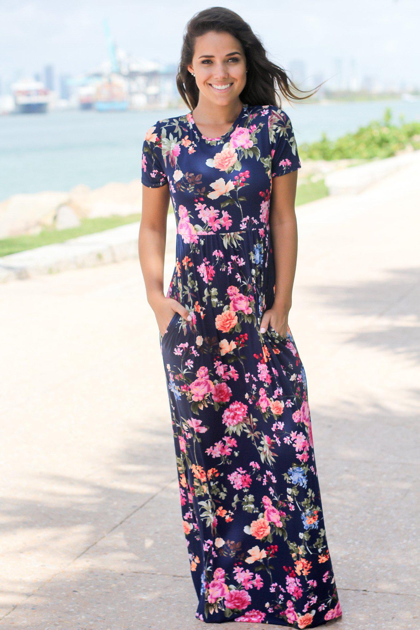 short sleeve long dress Navy Multi Color Floral Maxi Dress with Short Sleeves
