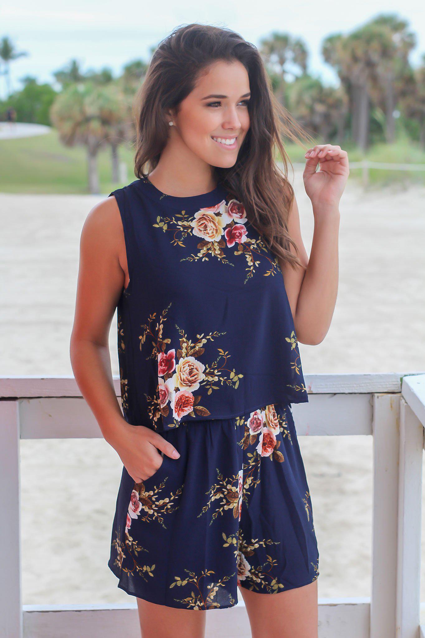 Navy Floral Sleeveless Romper | Rompers Saved by the Dress Navy Floral Sleeveless Romper | Rompers Saved by the Dress