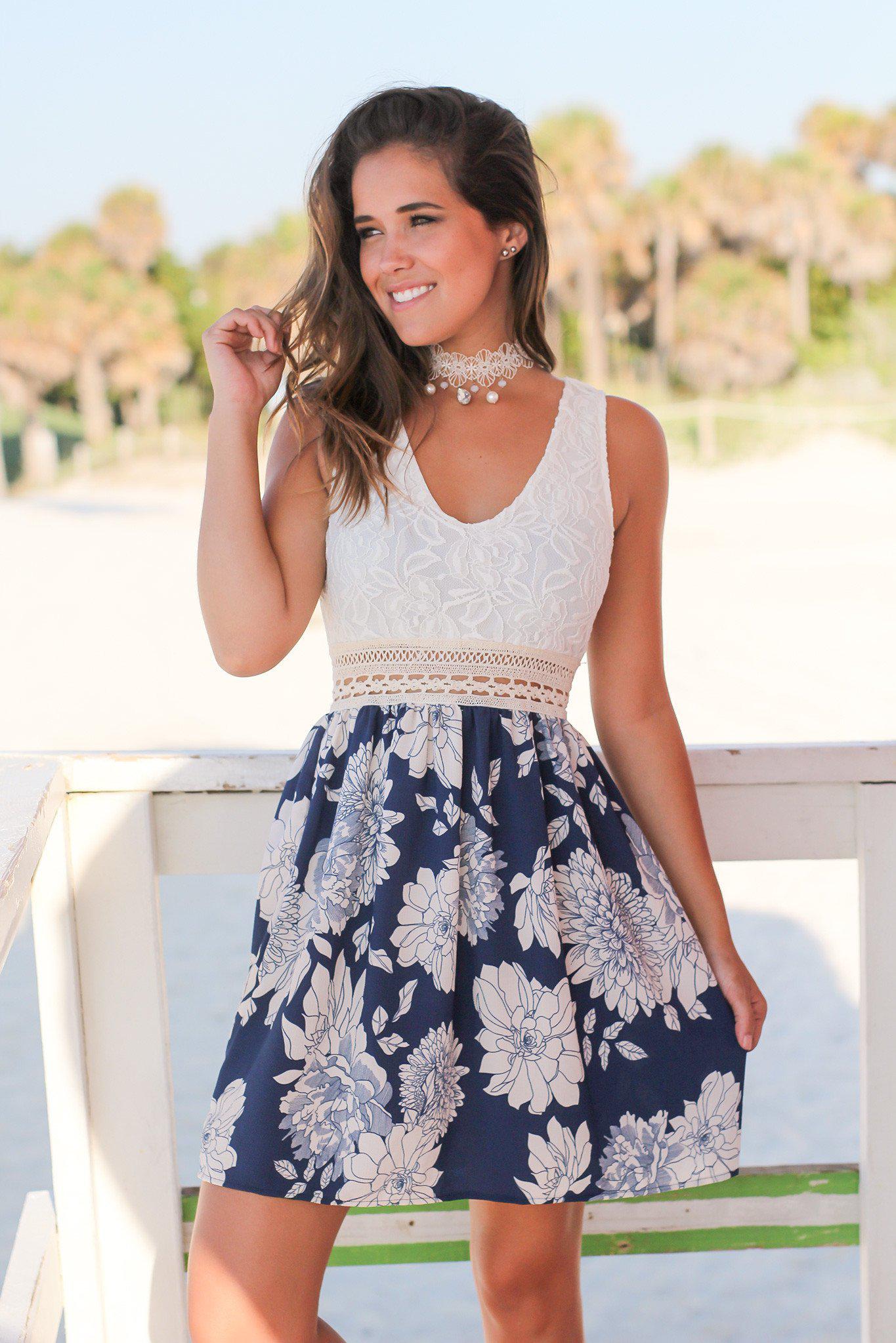 Ivory and Navy Floral Short Dress with Lace Top | Short Dresses Saved by the Dress Ivory and Navy Floral Short Dress with Lace Top | Short Dresses Saved by the Dress