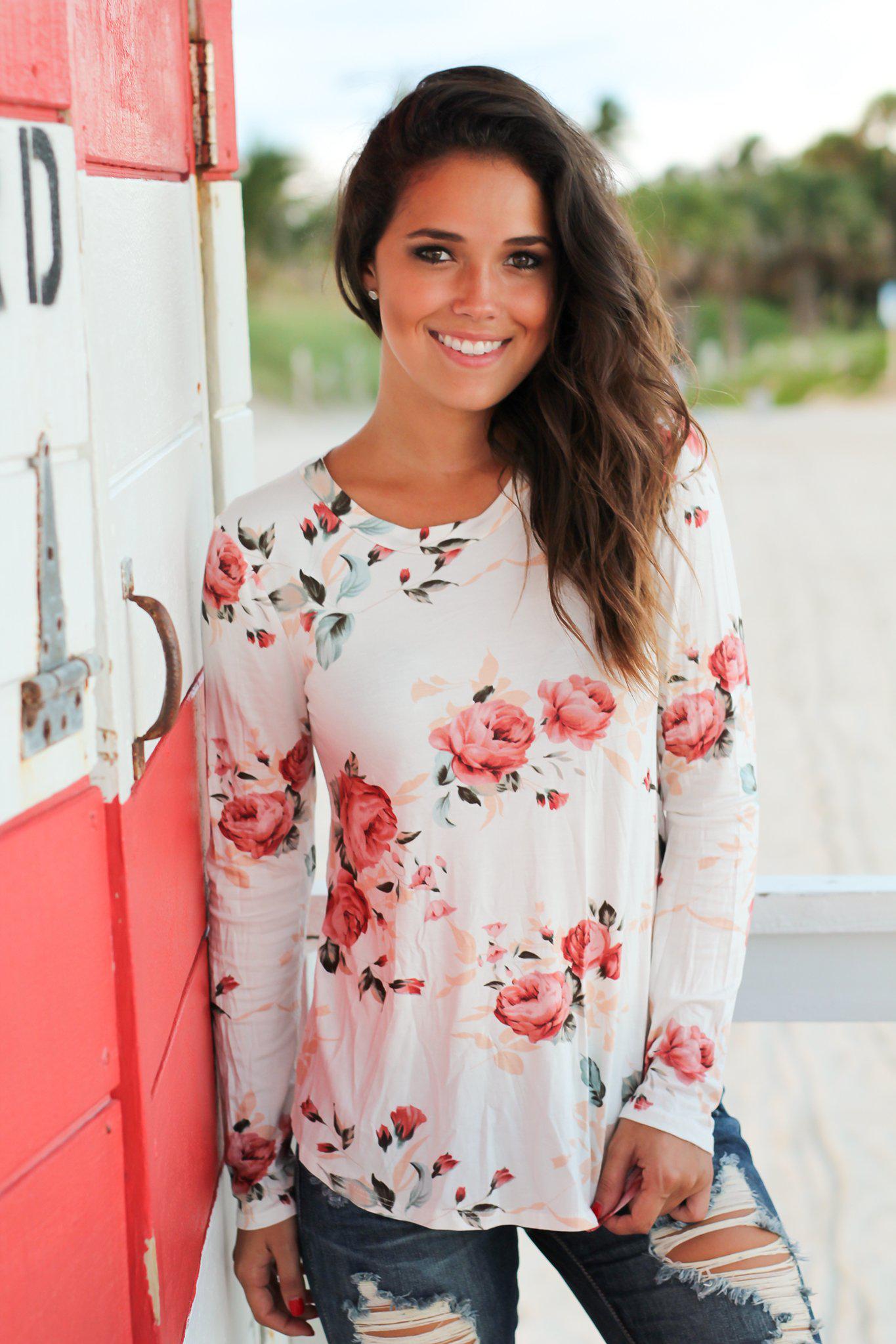 Ivory Floral Long Sleeve Top | Floral Print Top | Cute Tops – Saved by the Dress