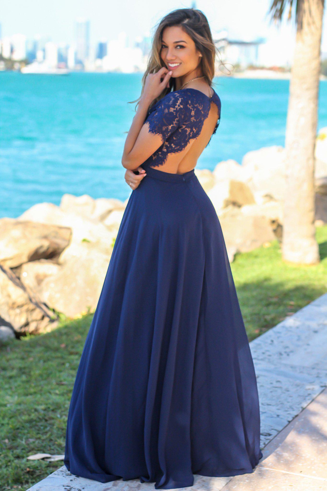 Navy Maxi Dress with Open Back and Lace Detail | Maxi Dresses Saved by the Dress Navy Maxi Dress with Open Back and Lace Detail | Maxi Dresses Saved by the Dress