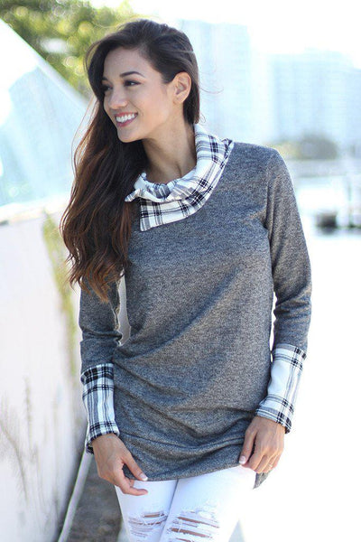 Gray Plaid Top With Cowl Neck