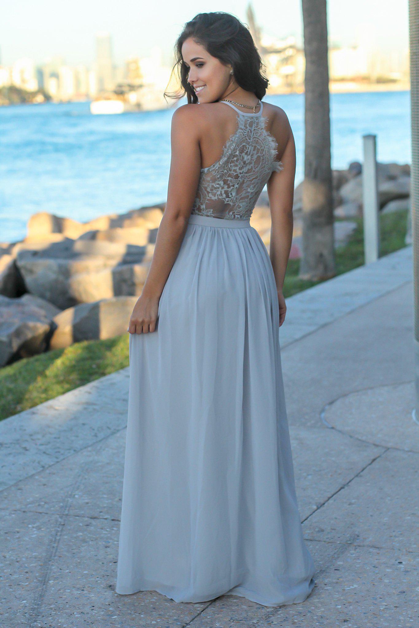 Gray V-Neck Maxi Dress with Lace Back | Bridesmaid Dresses Saved by the Dress Gray V-Neck Maxi Dress with Lace Back | Bridesmaid Dresses Saved by the Dress