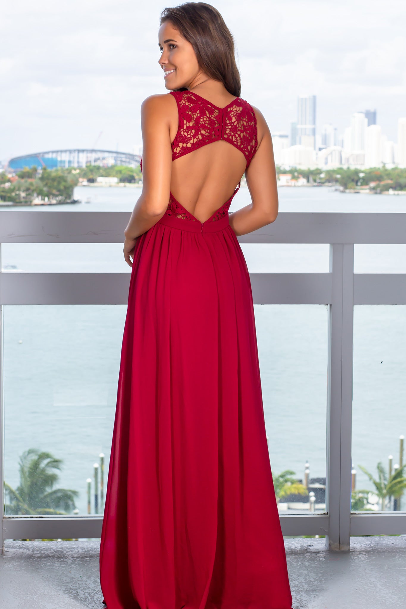 Rinna | Burgundy Lace Bardot-Neck Maxi Dress