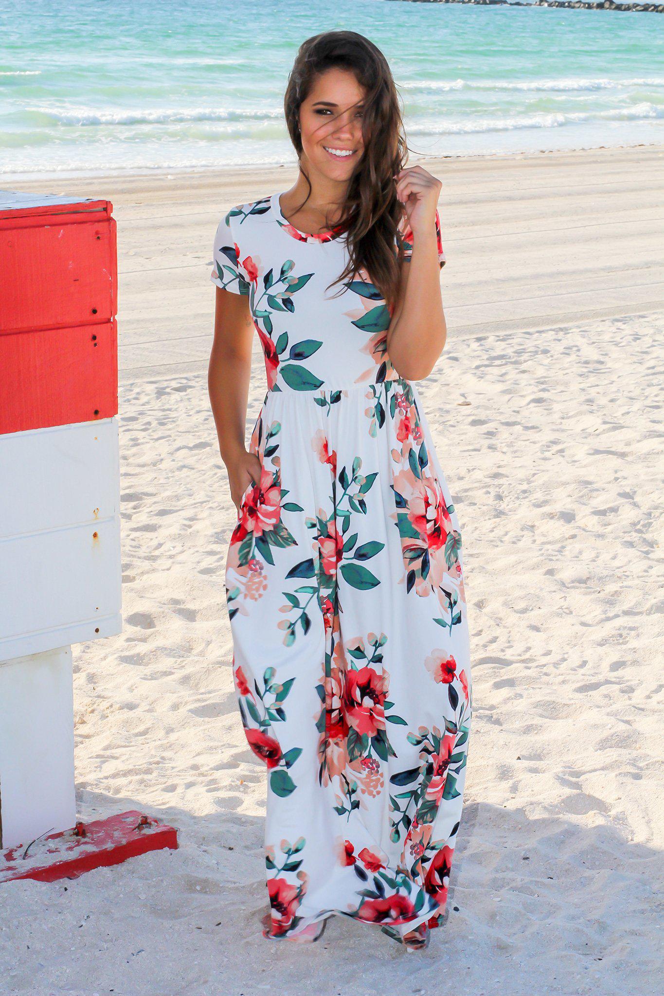 Ivory and Coral Floral Maxi Dress with Short Sleeves | Maxi Dresses Saved by the Dress Ivory and Coral Floral Maxi Dress with Short Sleeves | Maxi Dresses Saved by the Dress